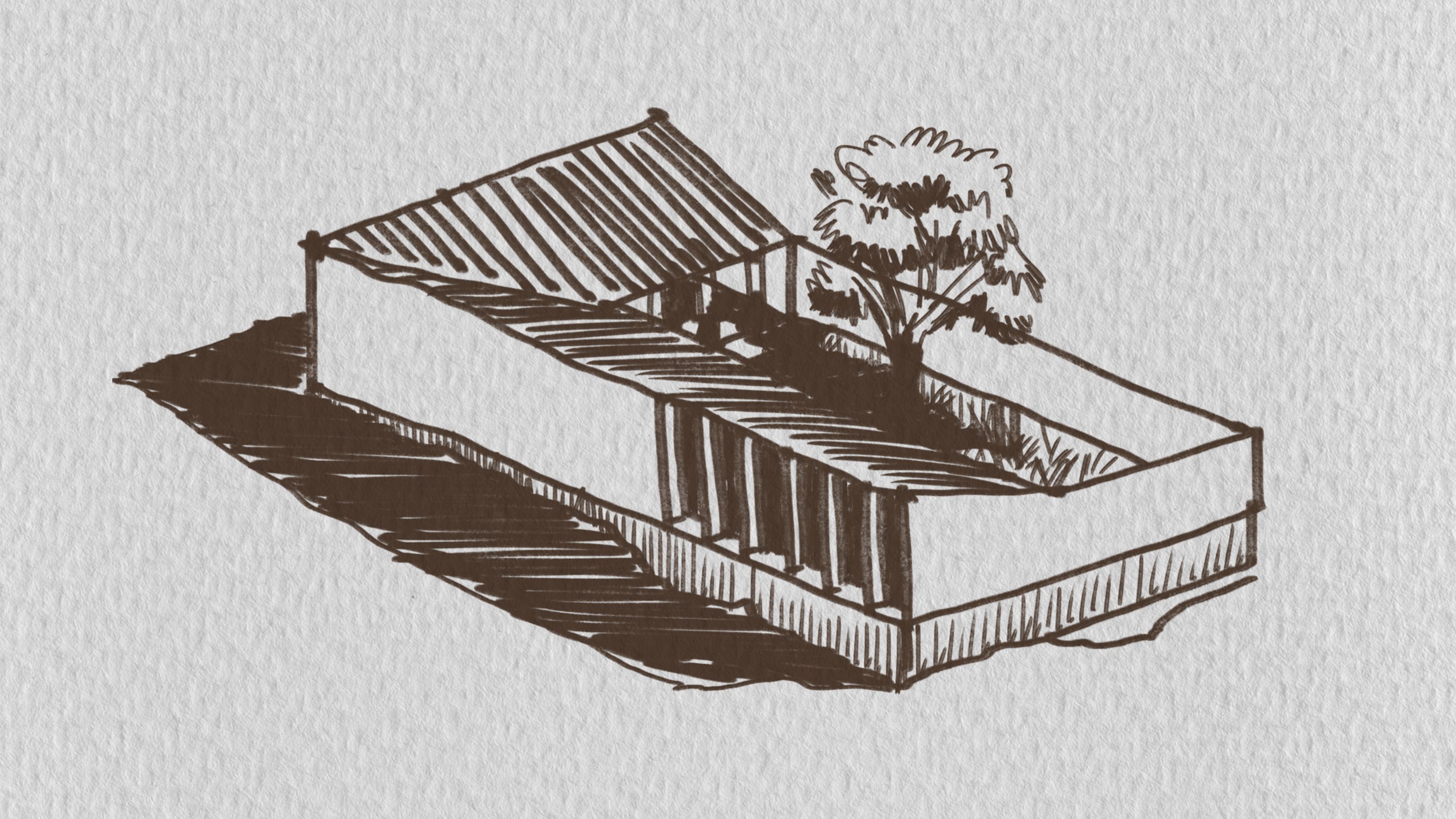 Ilustración axonométrica de una vivienda con cubierta inclinada.