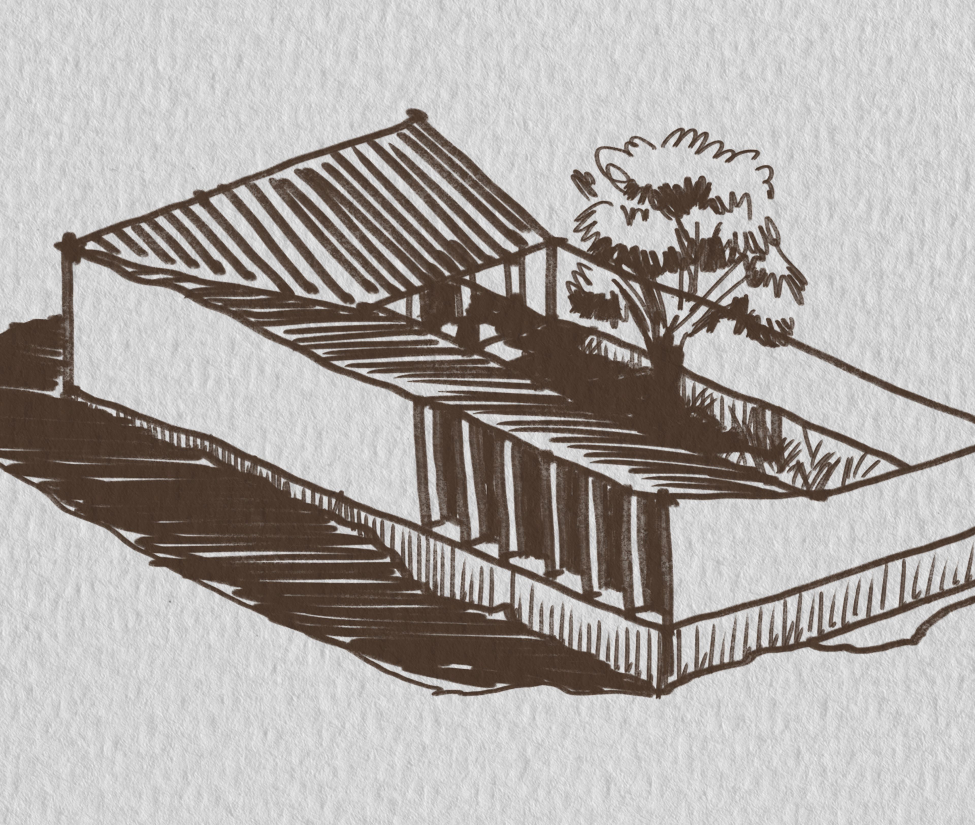 Ilustración axonométrica de una vivienda con cubierta inclinada.