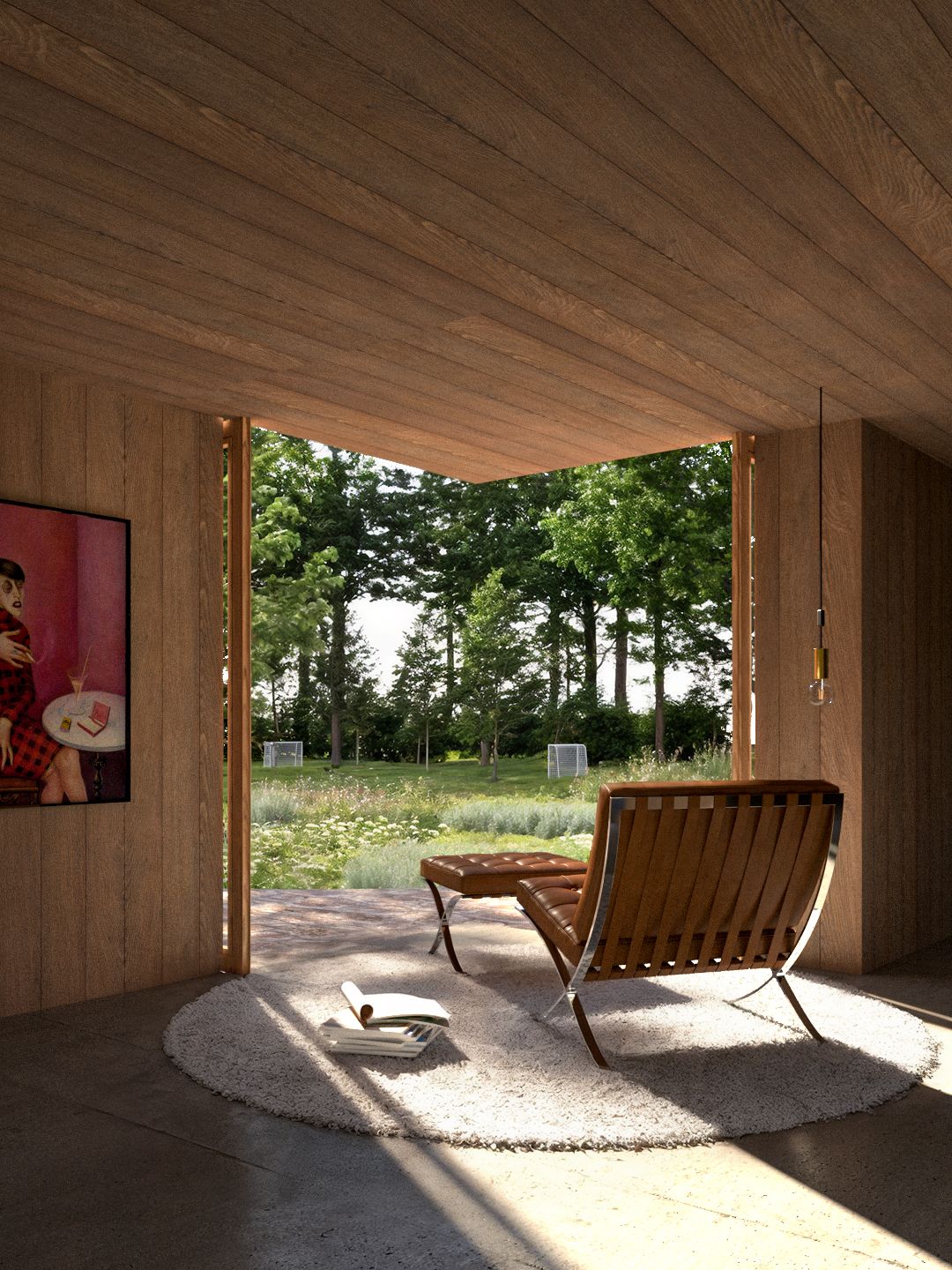 Espacio cubierto de madera abierto hacia el jardín, con una silla de descanso.