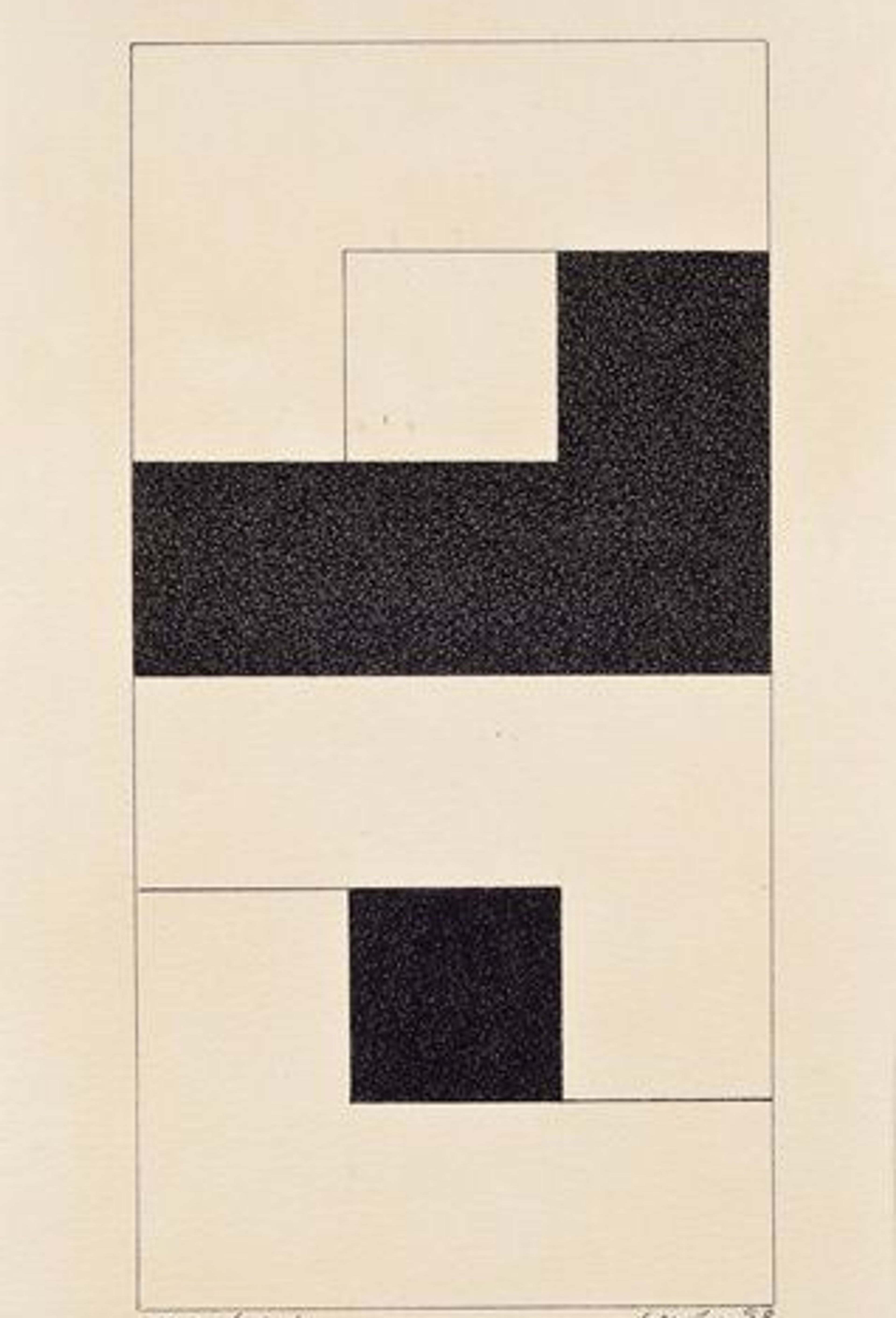 Composición de formas rectangulares negras sobre papel beige.