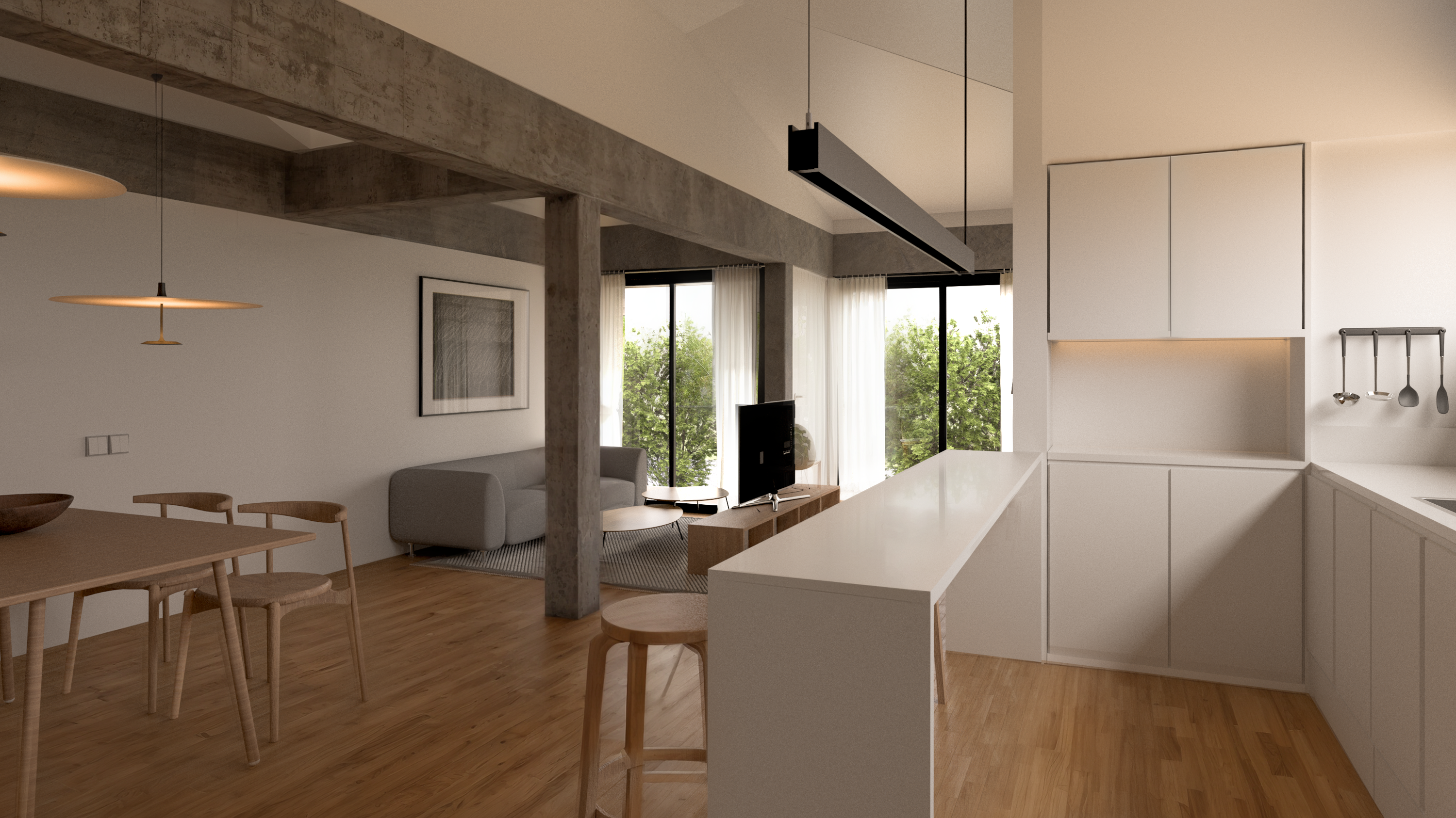 Interior luminoso con cocina, comedor y mobiliario en tonos claros.