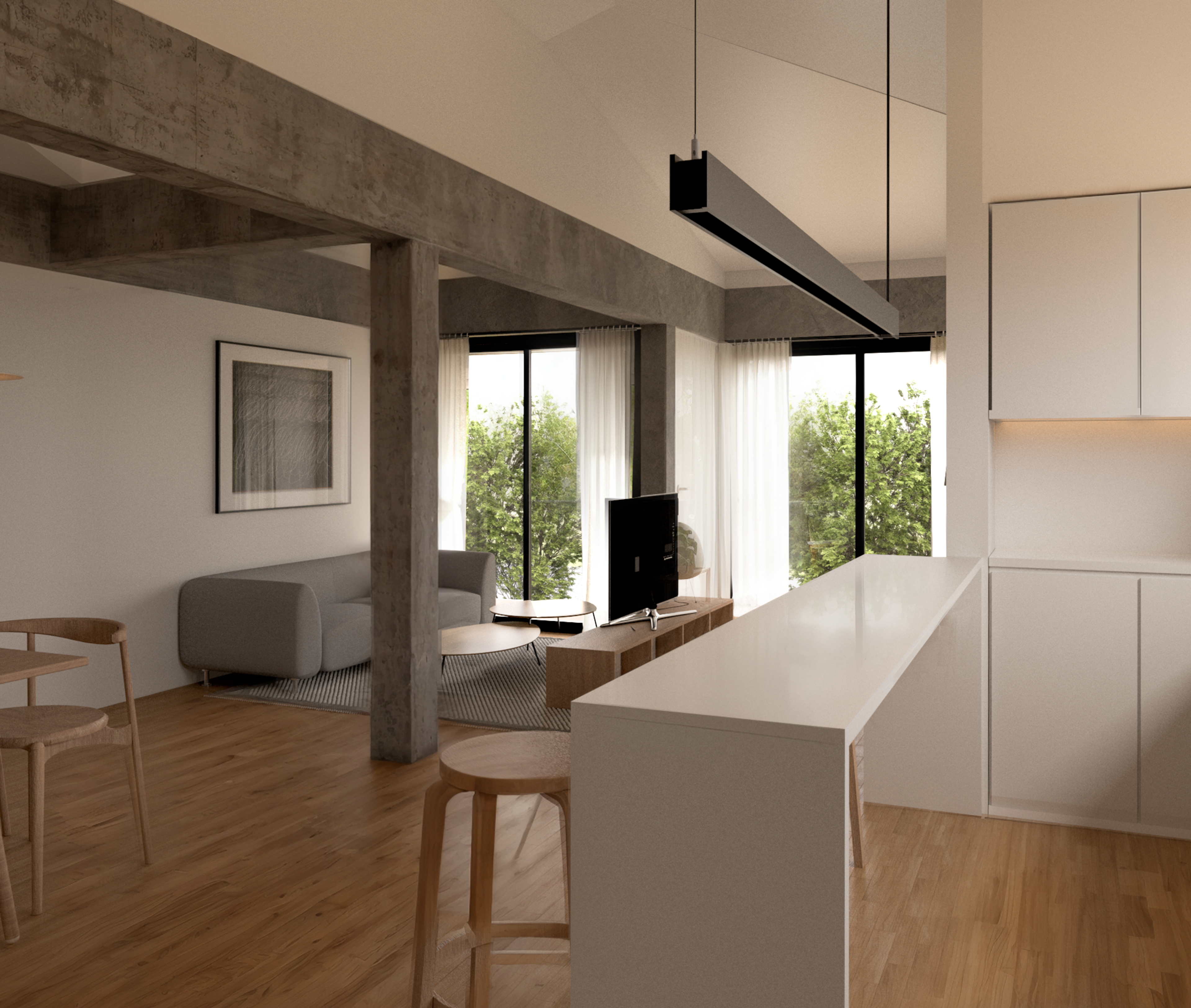 Interior luminoso con cocina, comedor y mobiliario en tonos claros.