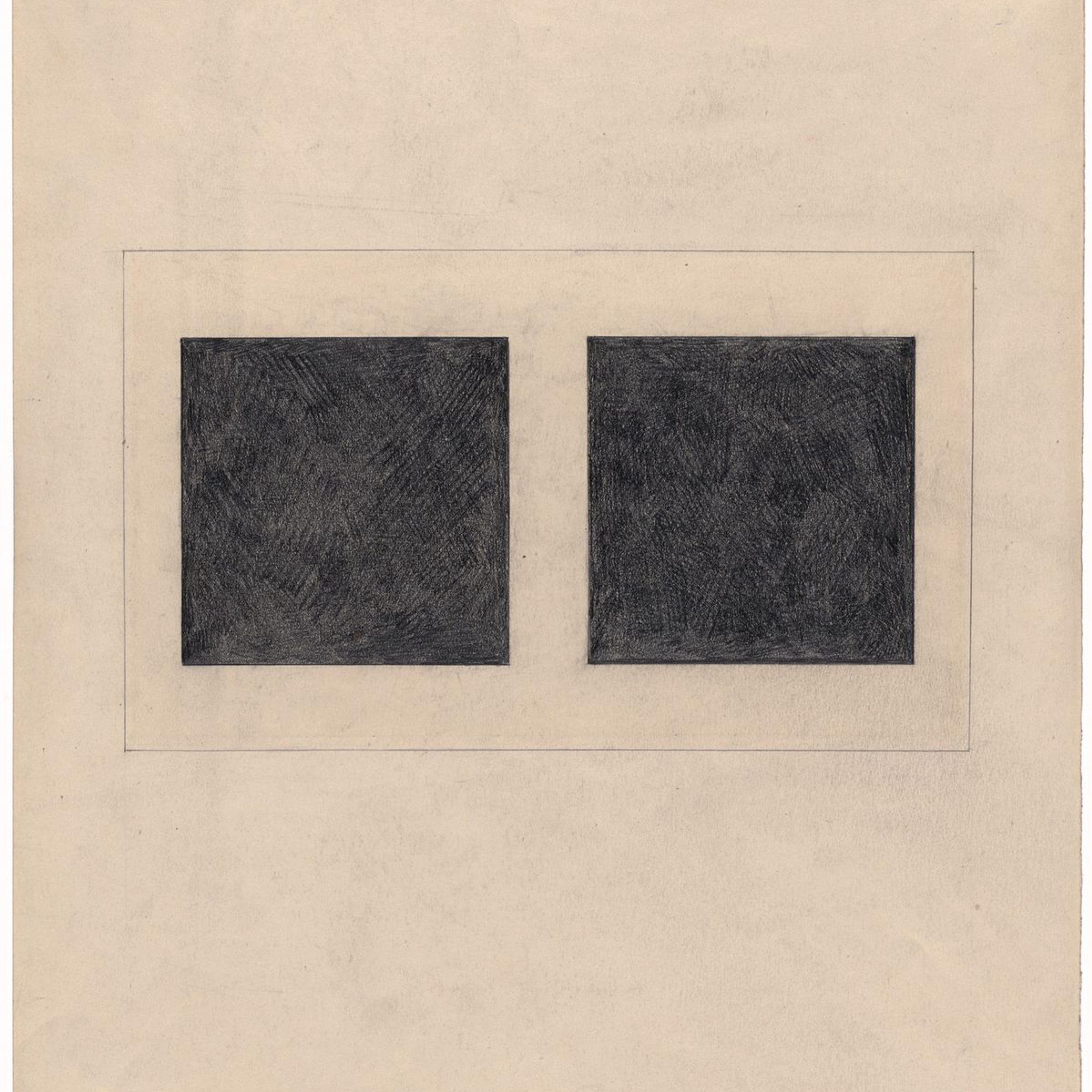 Dos cuadrados oscuros sobre un fondo de papel beige.