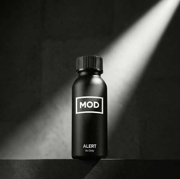 MOD alert bottle with shining light black background