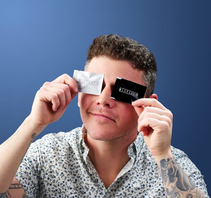 bluechew packets mans face