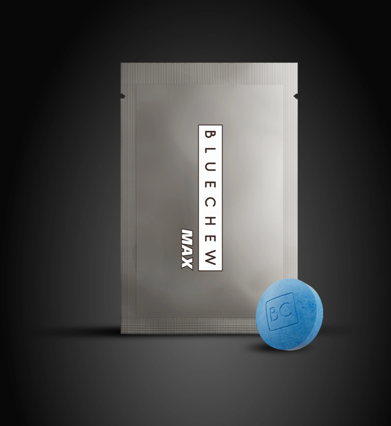 bluechew max on black background with bluechew tablet
