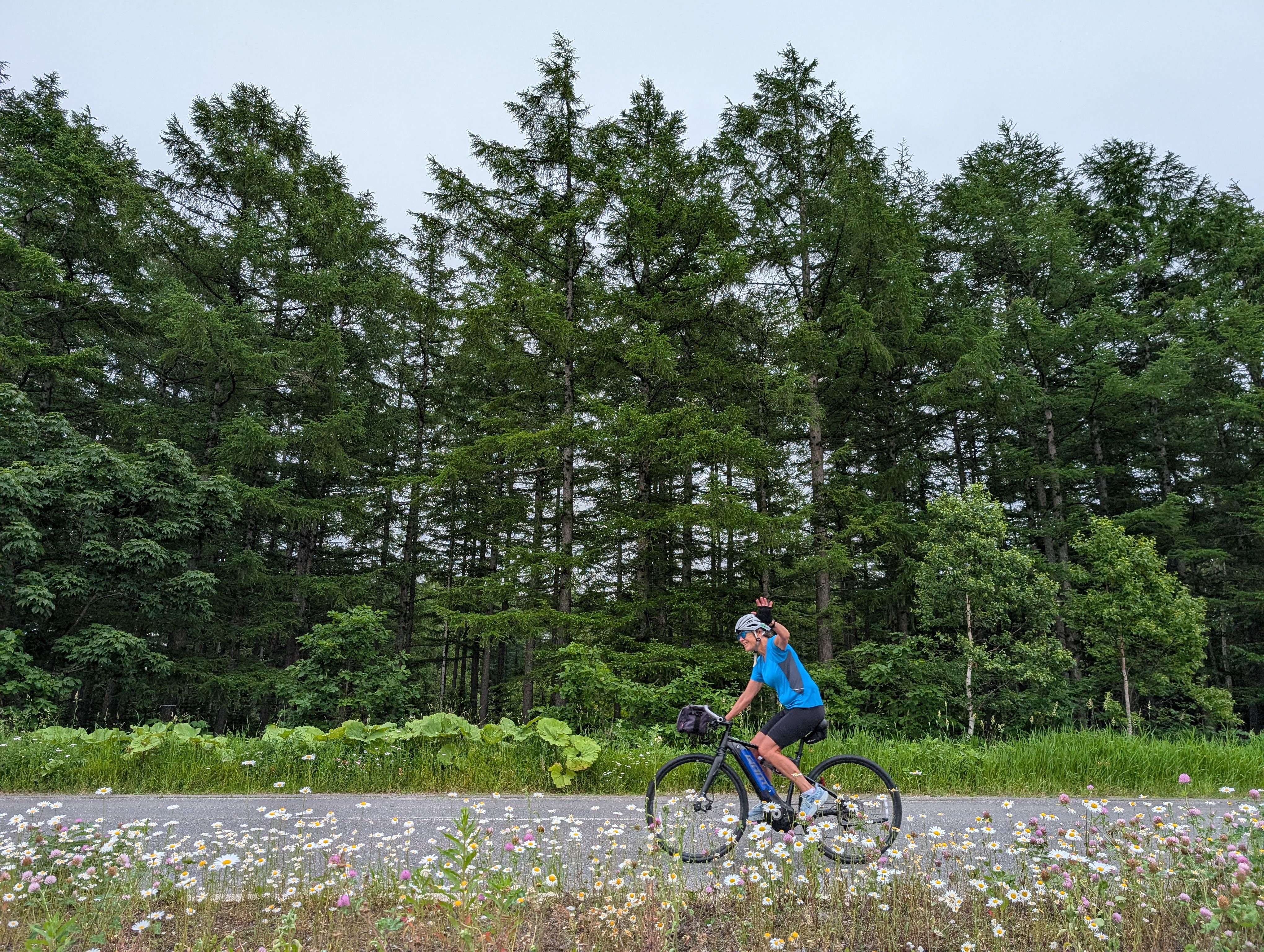 A woman on a bike waves at the camera as she cycles past a field of flowers.
