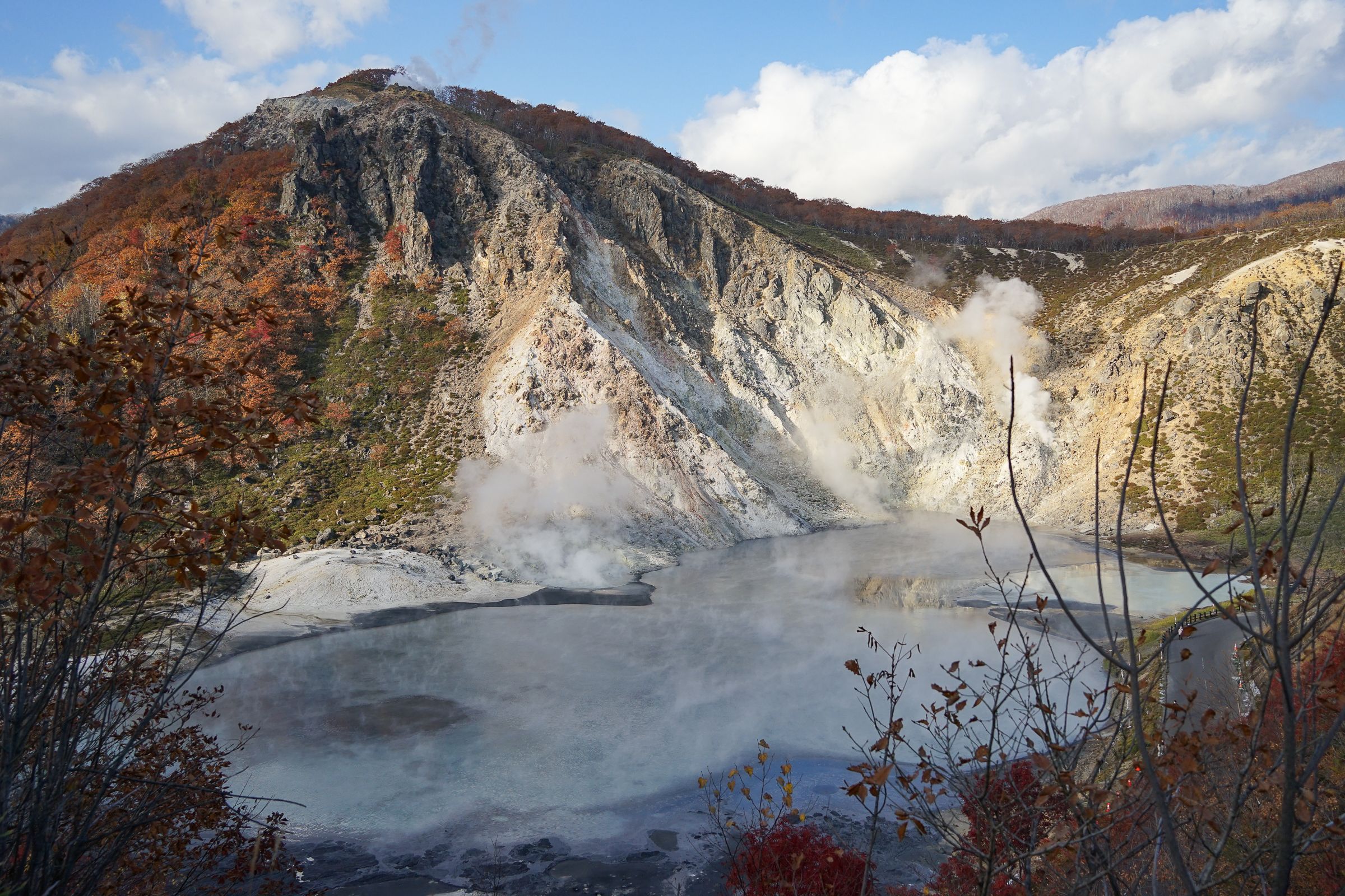 An aerial view of Oyunuma Pond at Noboribetsu Hell Valley.