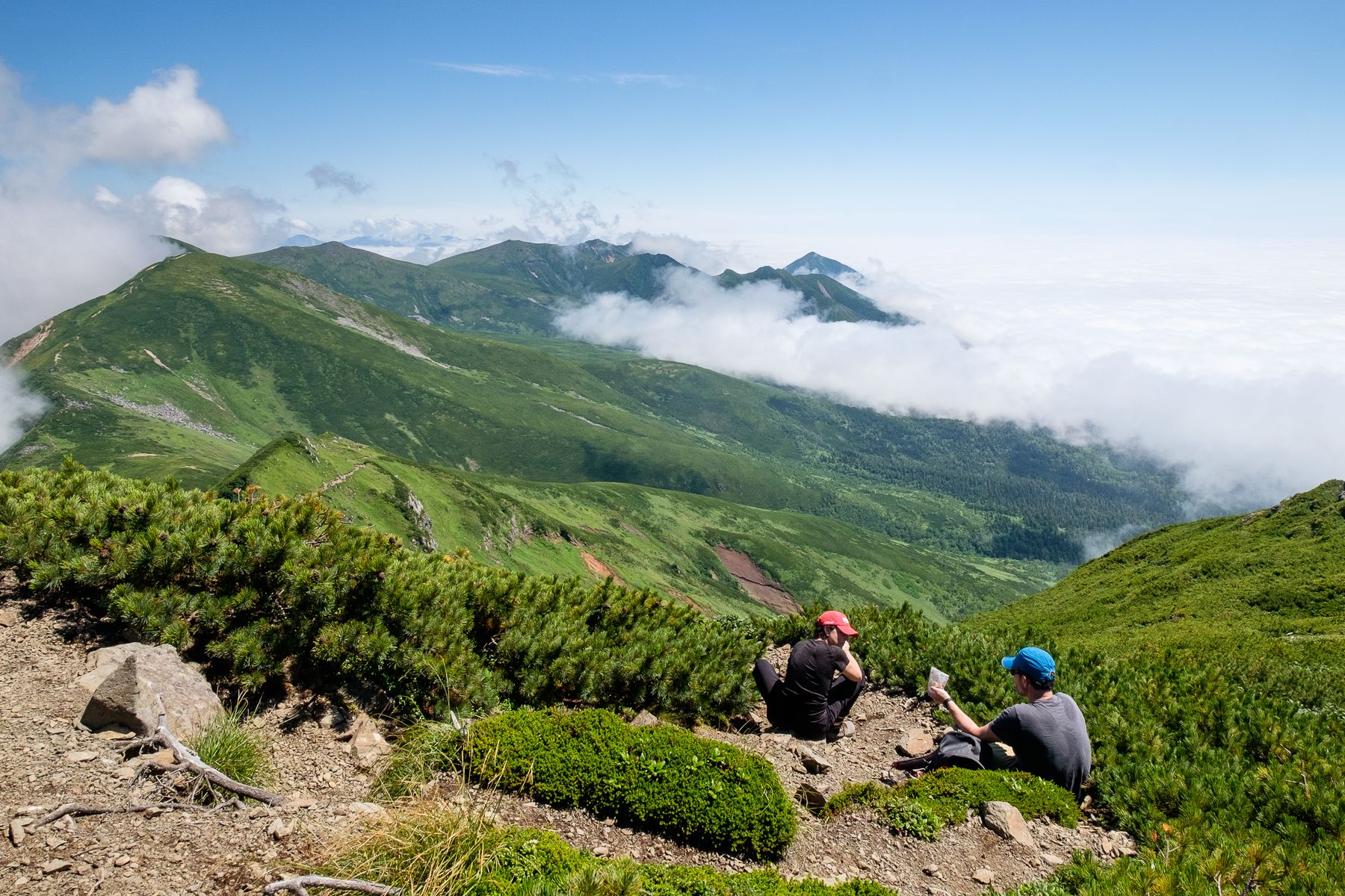 Two hikers rest near the summit of Mt. Furano, looking out at a sea of clouds filling the valley below. Other green Daisetsuzan peaks rise in the distance under a sunny blue sky.