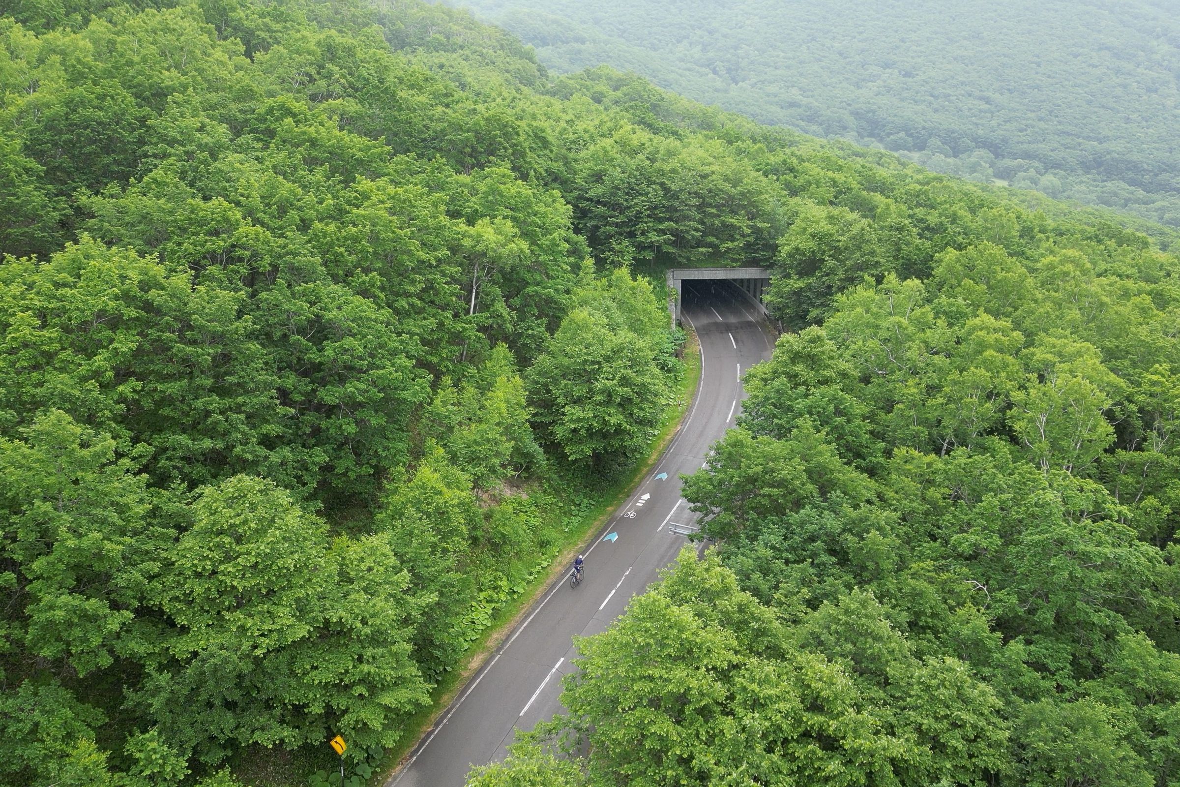 Aerial shot of a cyclist near a tunnel on the Mikuni Pass road sided by green forests.