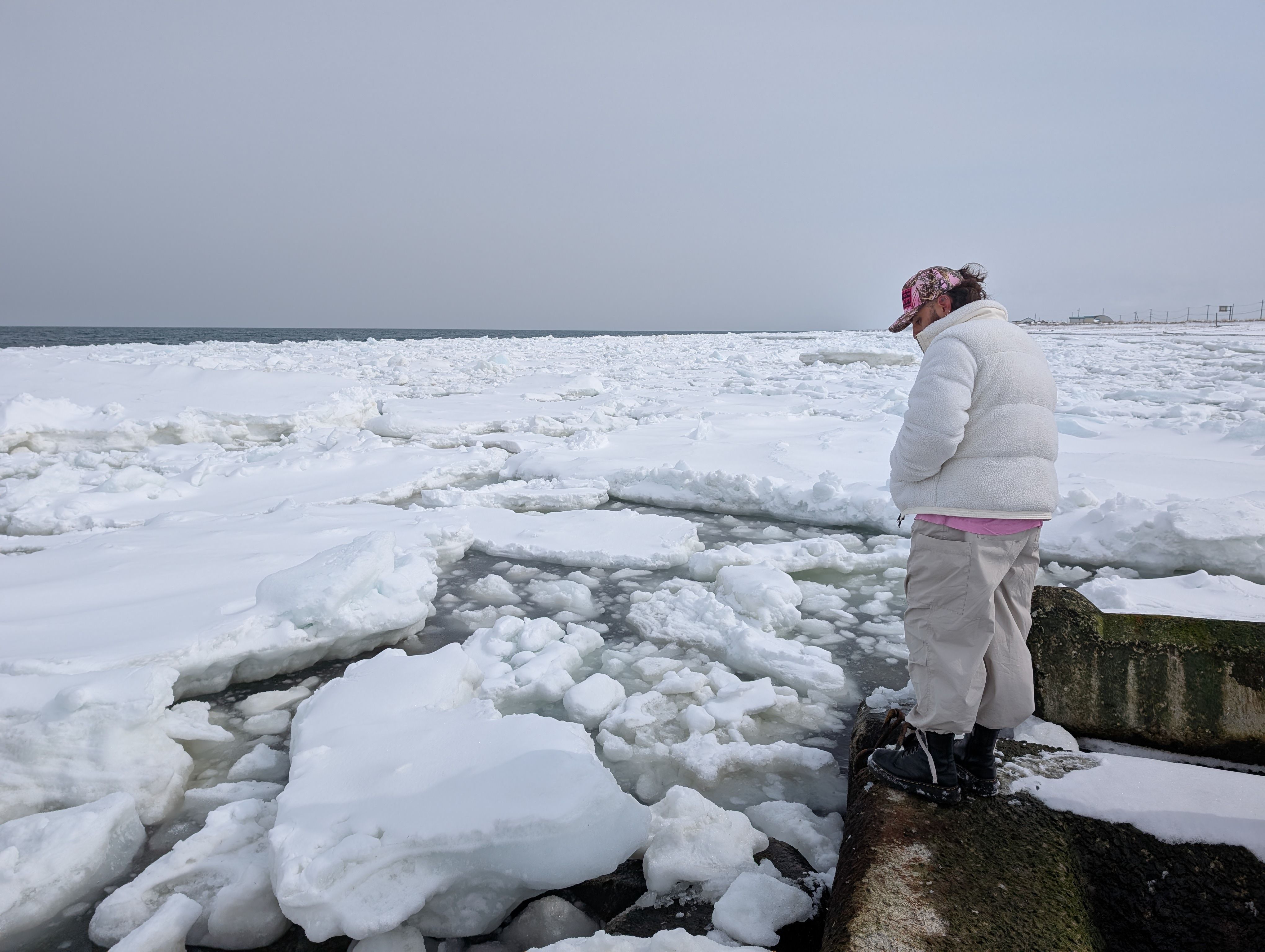 A man dressed in winter clothing stands at the edge of a sea wall, staring down at large pieces of drift ice floating in the sea below him.