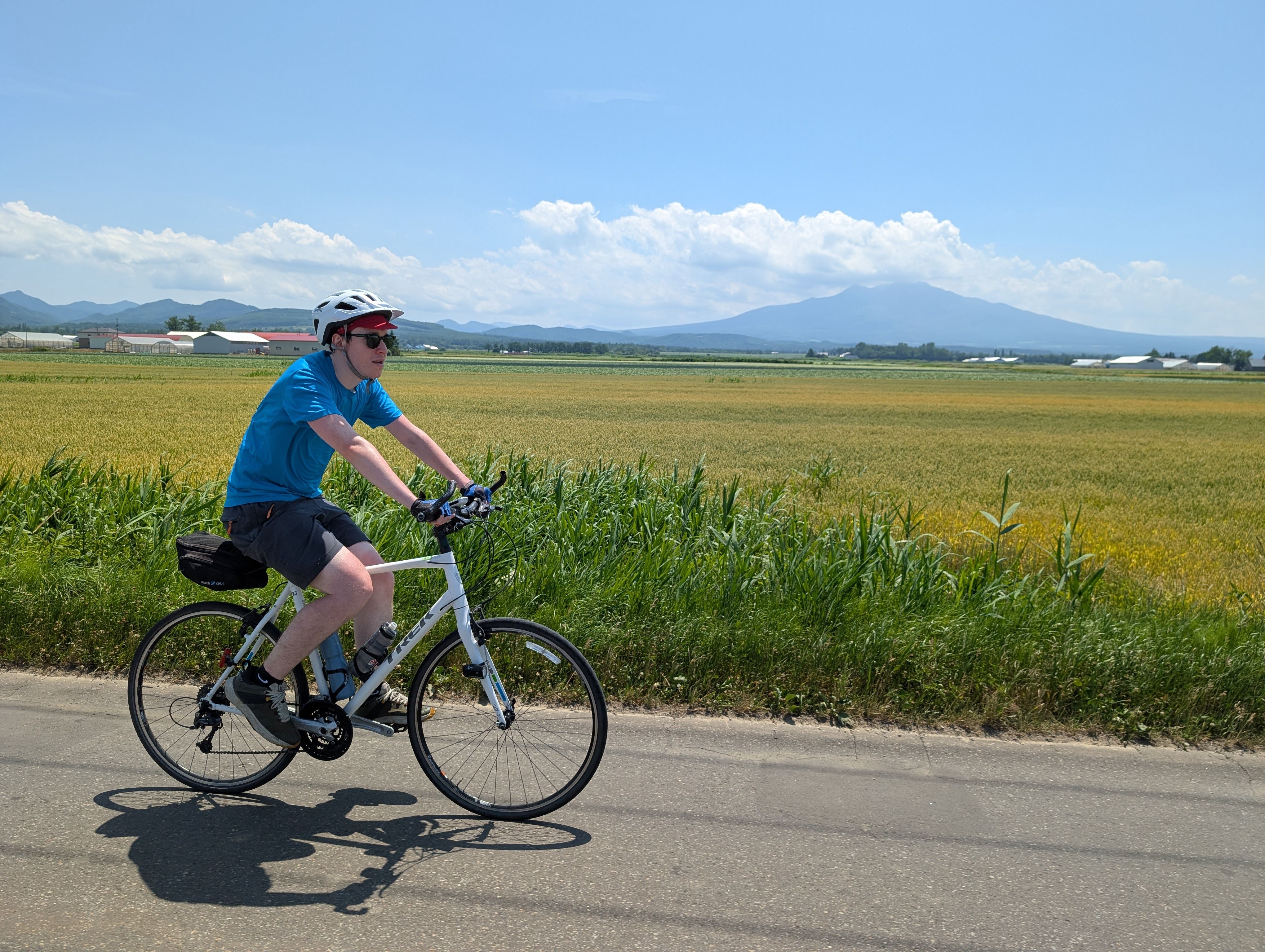 A cyclist rides past a rice field in Shiretoko, Hokkaido. In the background, Mt. Shari is visible in the distance. It is a sunny day with some clouds on the horizon.