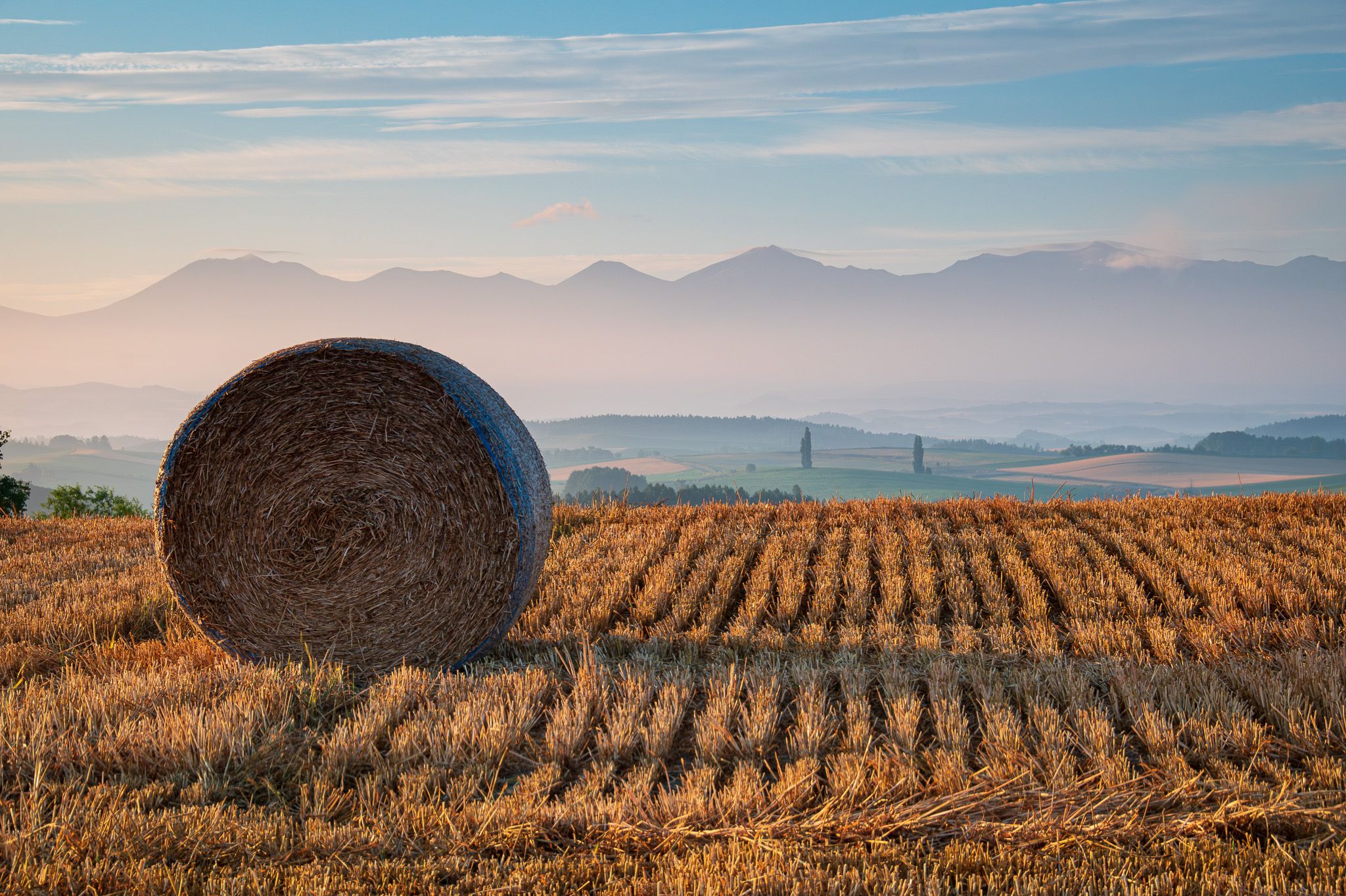 A single, round hay bale in the early morning. The mountains and hills in the distance behind the hay bale are shrouded in morning mist. The mist is just starting to lift, and the world is taking on pale hues like lavender, rose and cornflower blue.