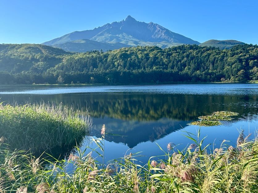 A photograph of Mt. Rishiri reflected perfectly in the surface of Himenuma Pond, Rishiri Island, Hokkaido. It is a cloudless day and the mountain is reflected in a diamond shape on the pond's surface. Photo credit: Nita Patel