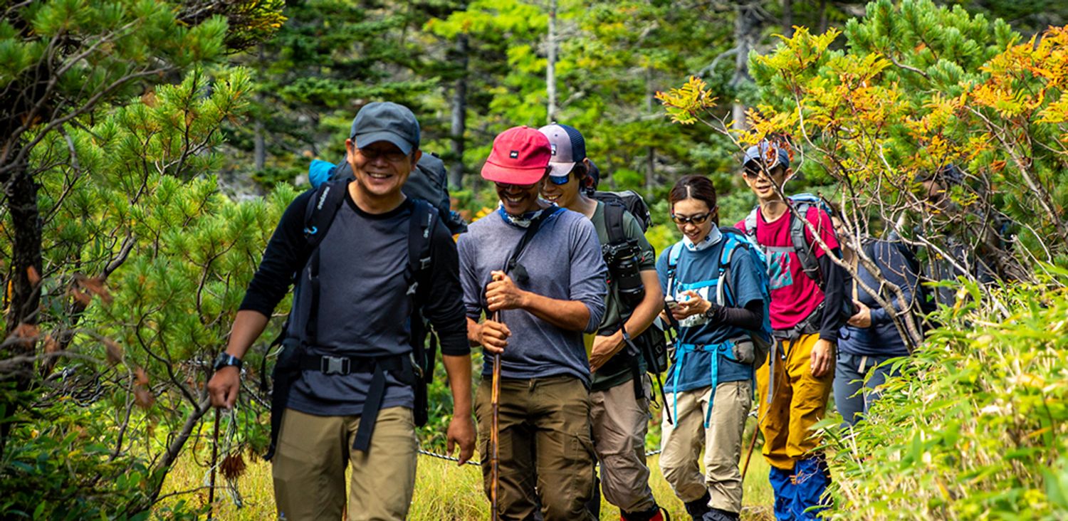 A group of guides smile as they walk along a trail. They are surrounded by green fir and rowan trees as well as sasa bamboo.