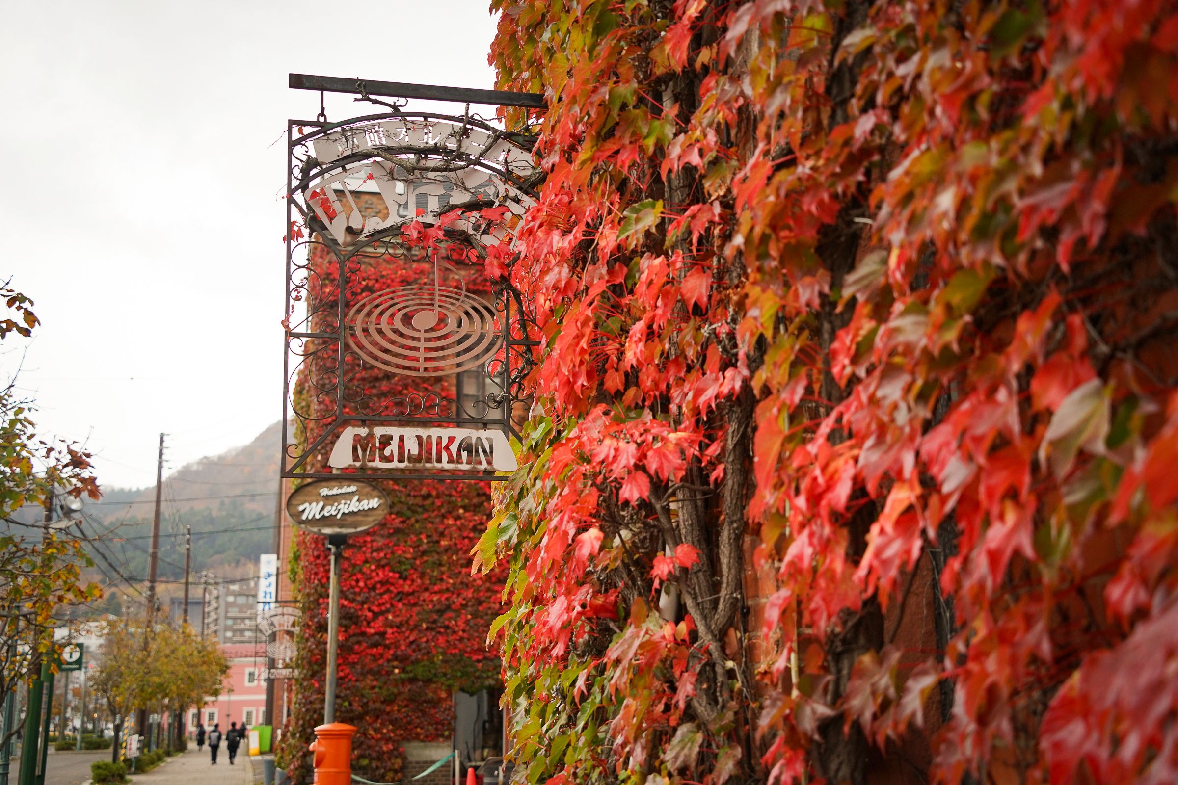 Red ivy covers the walls of a red brick building in Hakodate. An iron sign hanging from the building reads "Meijikan".