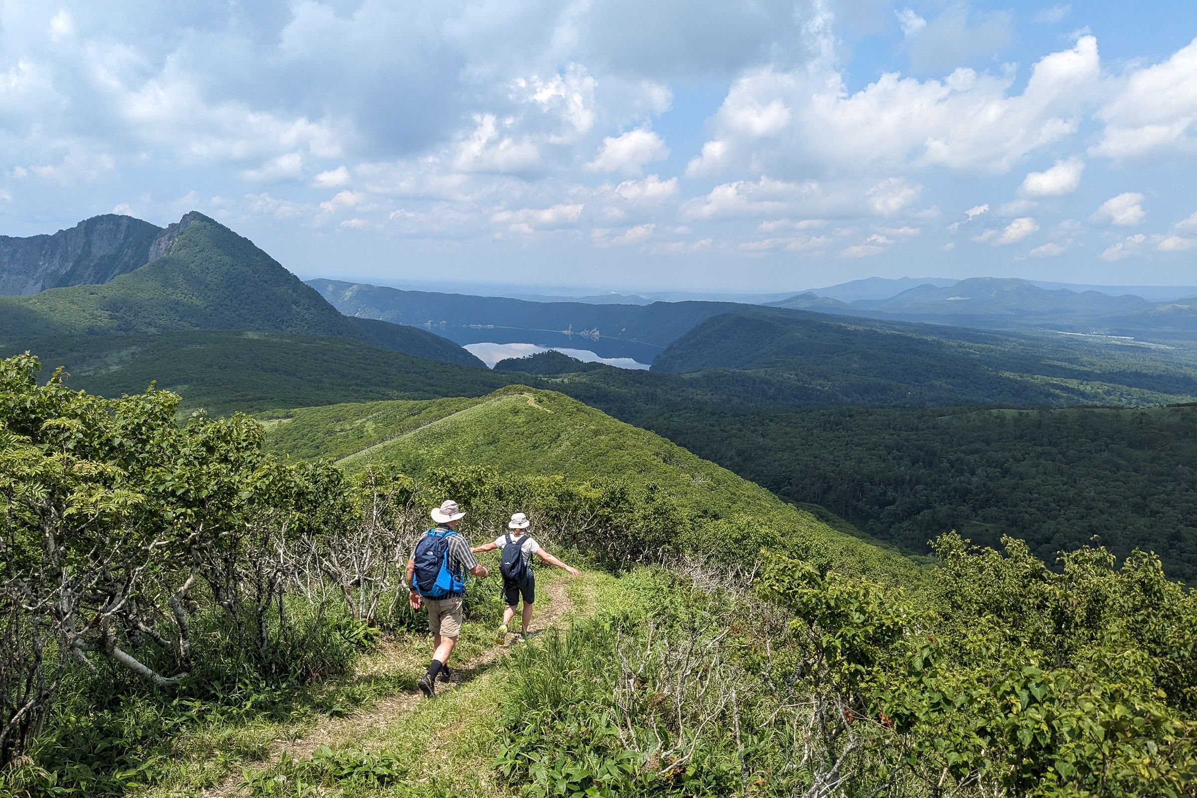 Hiking down Mt. Nishibetsu and onto Mt. Mashu.