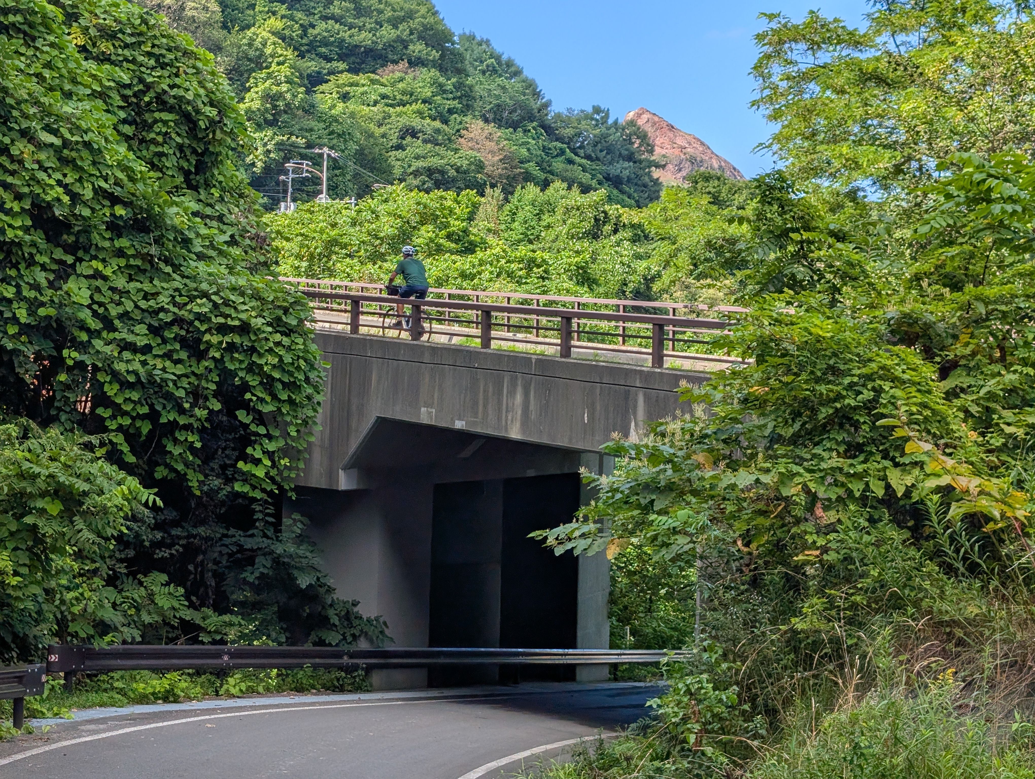 A cyclist rides over a bridge on a sunny day. The bridge is framed by trees and fauna. Distantly visible is the peak of Mt. Showa-Shinzan, an active volcano.