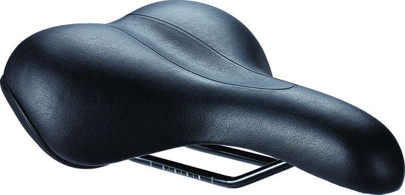 A black bike saddle is shown, the back end of the saddle is wider than a conventional saddle.