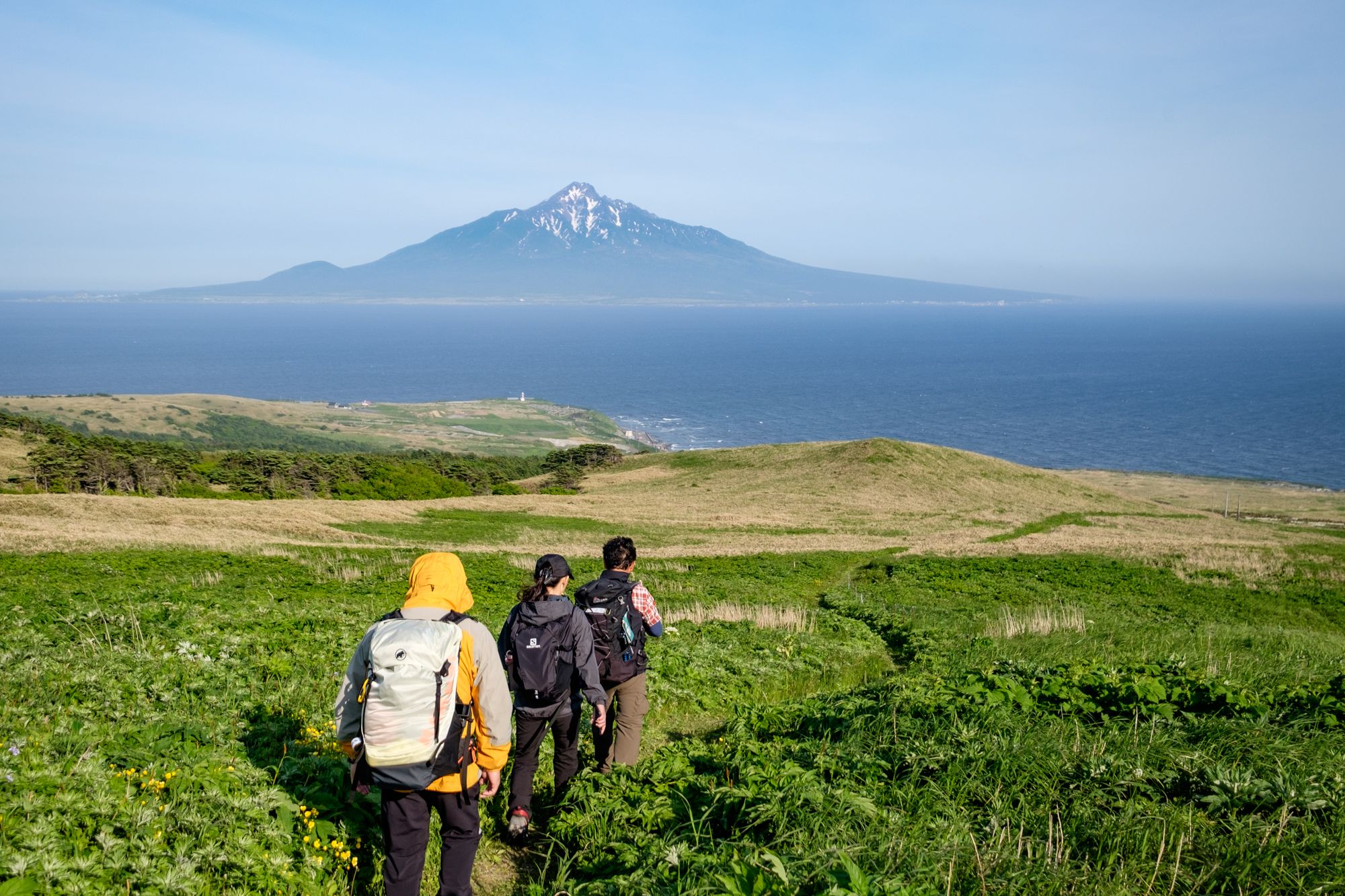 A group of hikers descent through low bushes. They have uniterupted views across the sea to Mt Rishiri