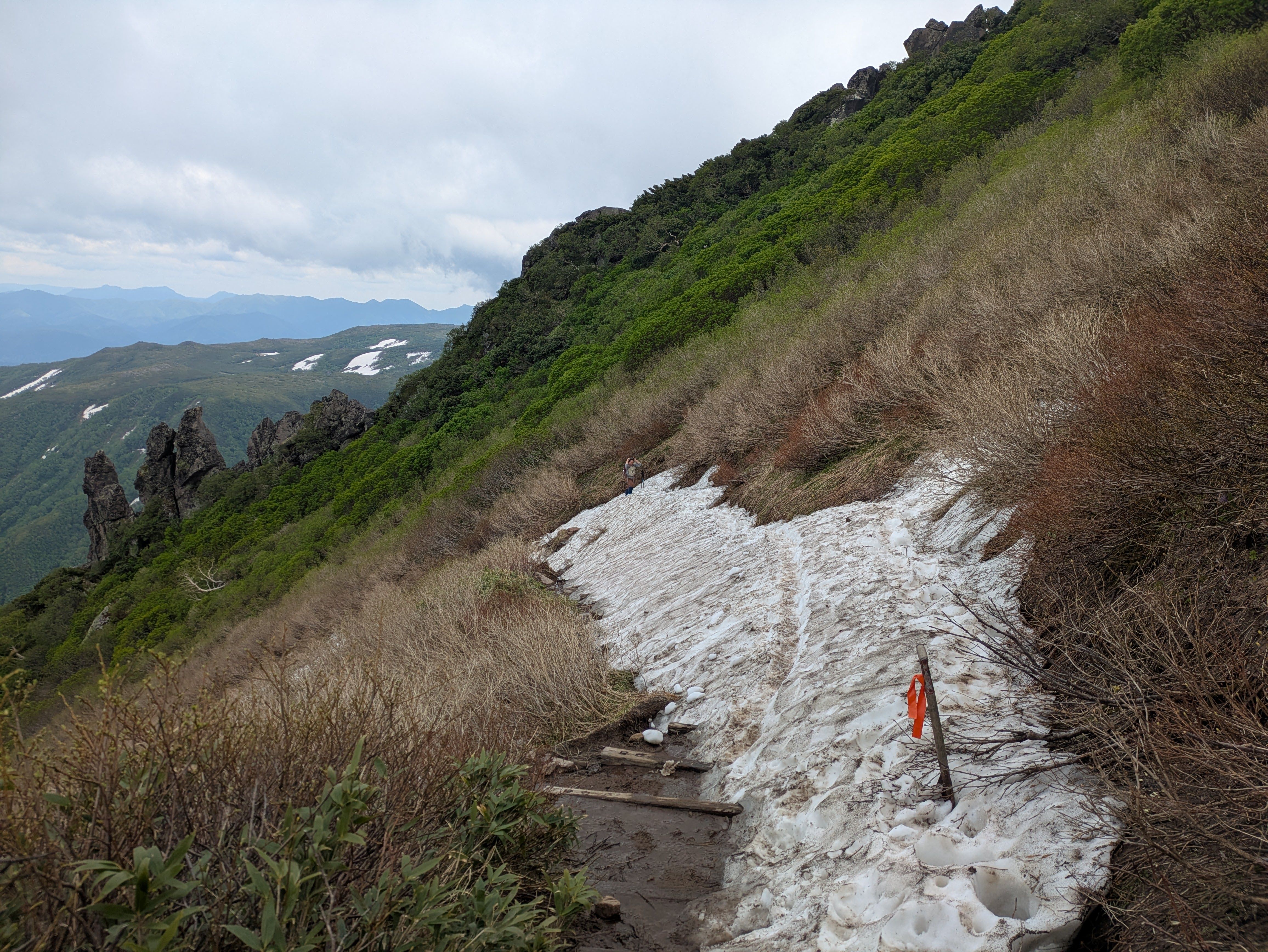 A small, muddy patch of melting snow, marked with footprints, lies across a narrow hiking trail in Daisetsuzan National Park. The surrounding ground is wet and muddy from the runoff, illustrating typical challenging conditions that can arise on hiking trails with lingering or melting snow.