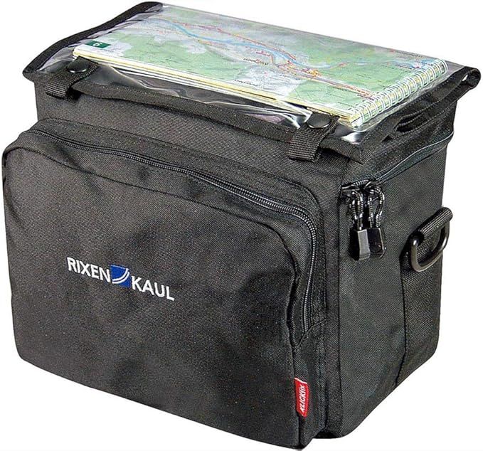 A black Rixen Kaul handlebar bag is shown with a map in a plastic poach on top.
