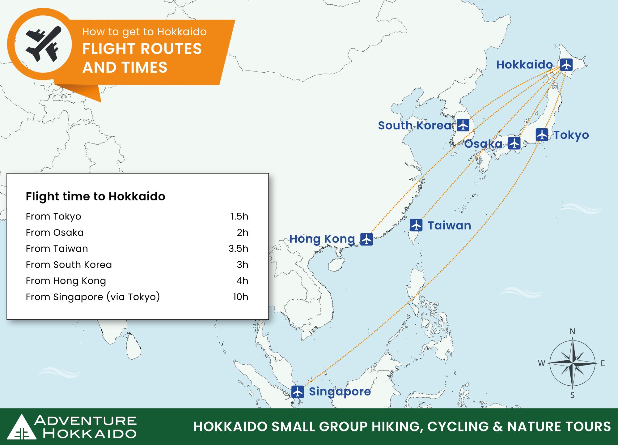 Map showing flight routes to Hokkaido from the major Asian cities
