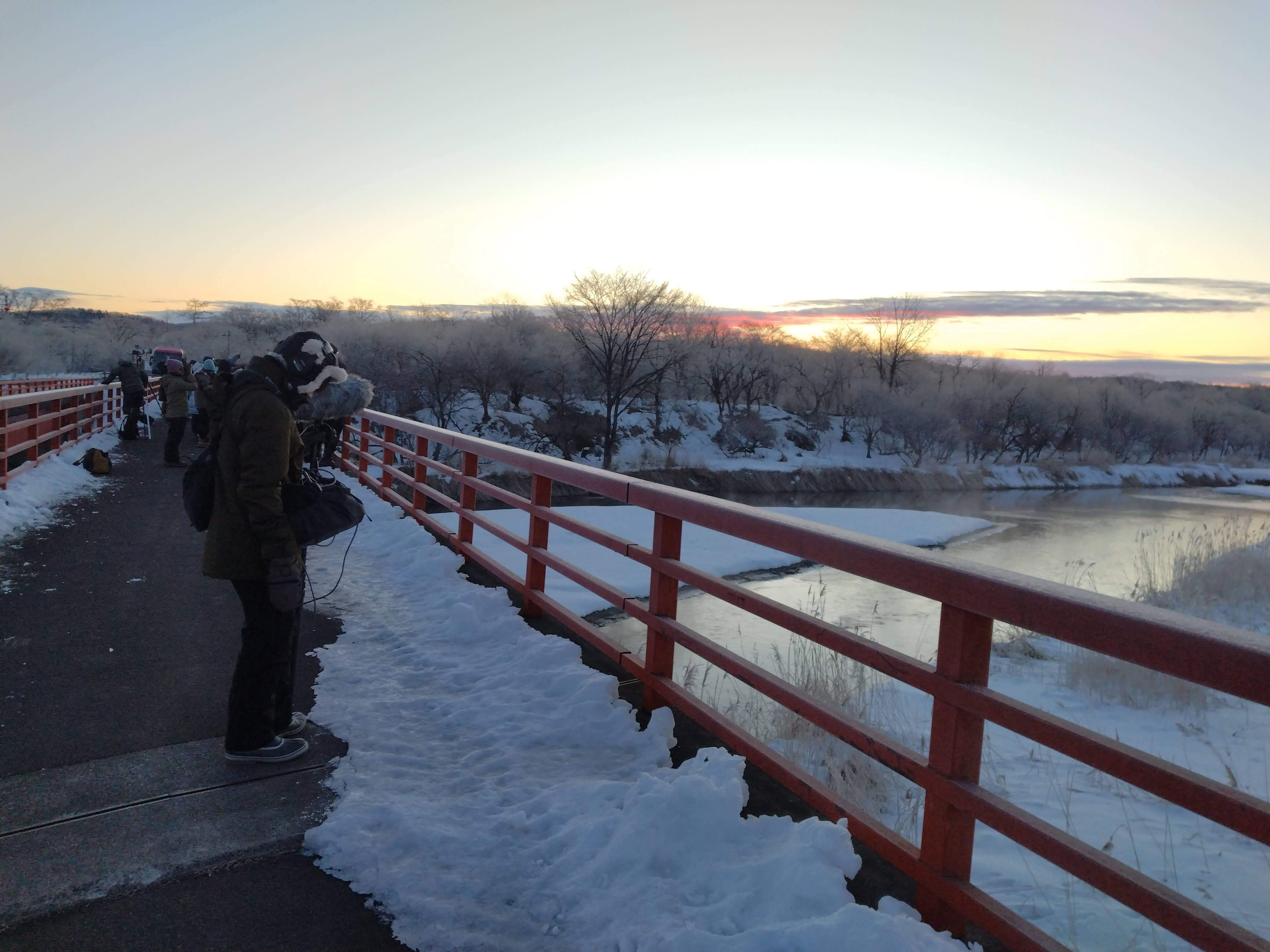 A group of people stand on Otowa Bridge in Tsurui, Hokkaido. It is sunrise on a frigid winter morning. They look out over the river in search of red-crowned cranes.