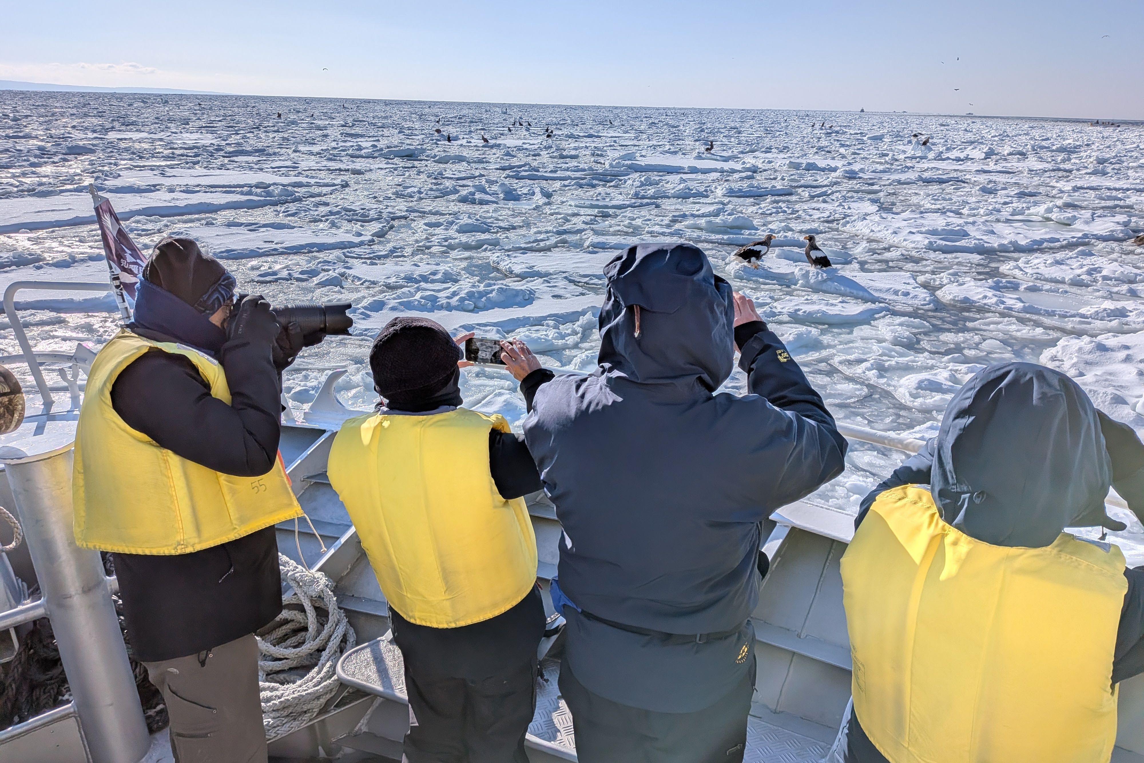 A line of four people on a ship stare out at Steller's sea eagles gathered on ice floes. Some are taking photographs with cameras and smartphones, others use binoculars to get a closer look at the birds.