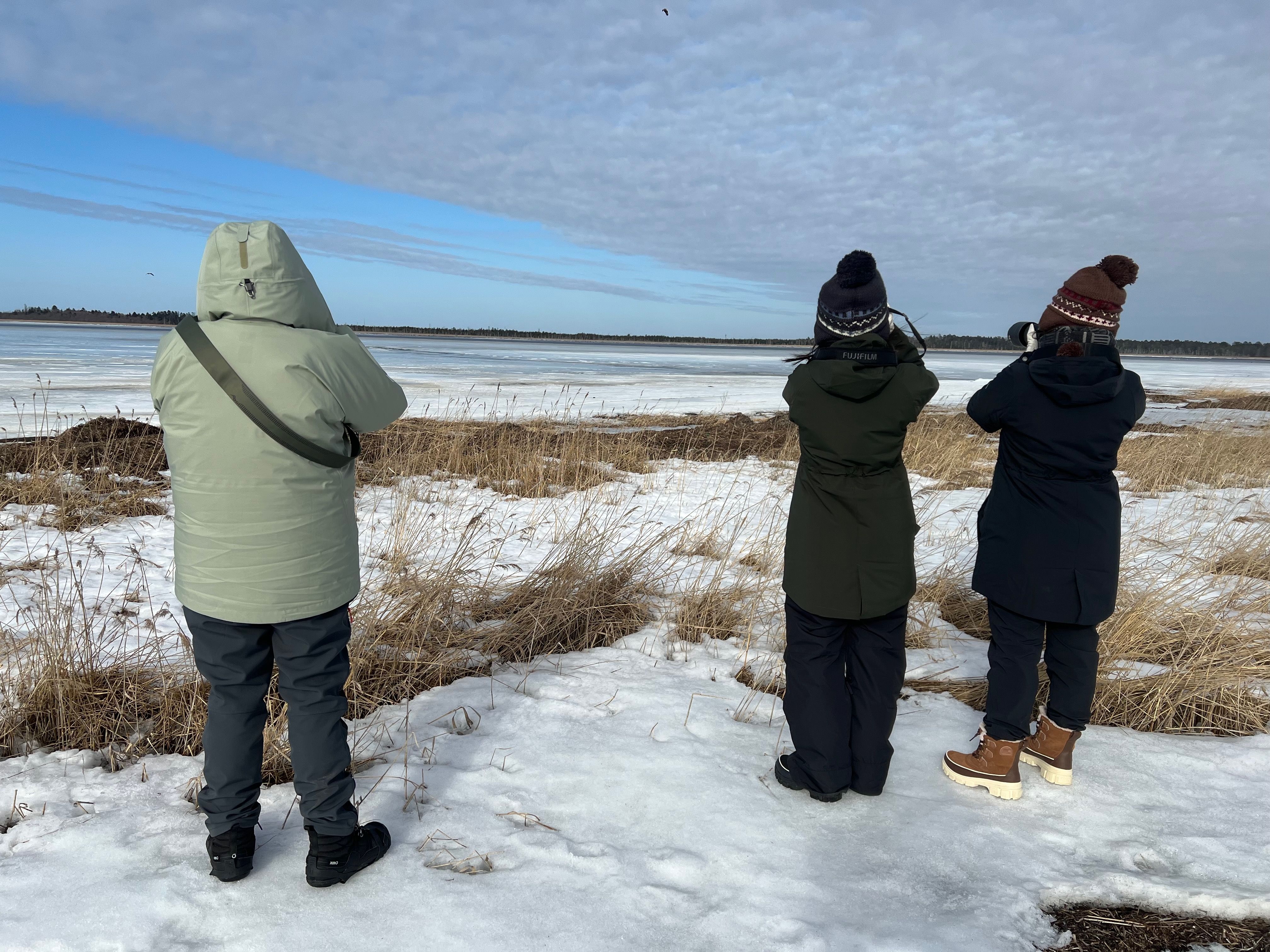 Three photographers stand in a line on the frozen shores of Lake Furen.