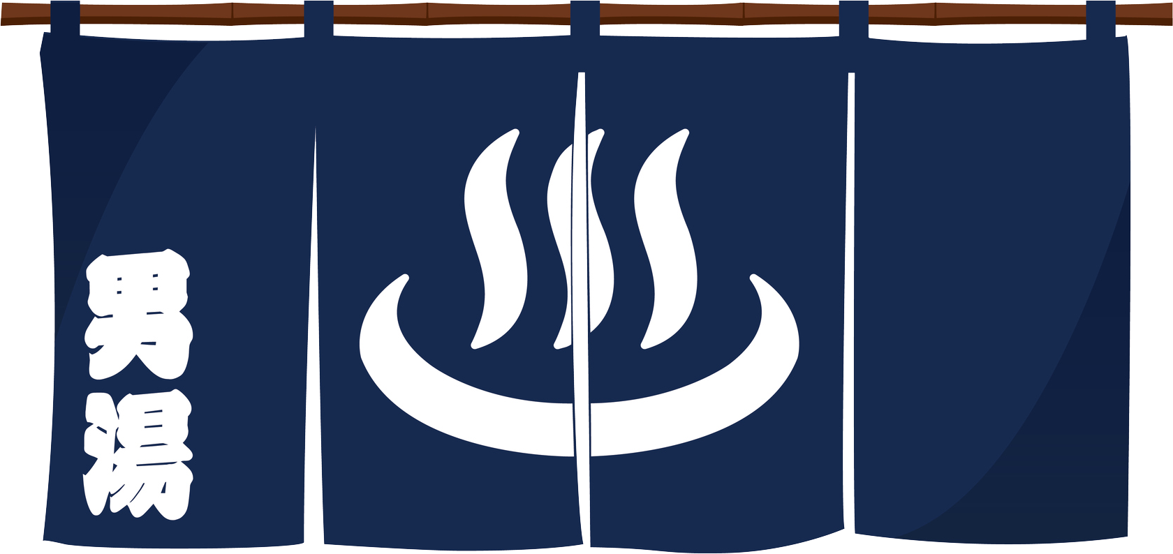 An illustration of a blue "noren" flag used to mark the entrance to a male hot-spring. The flag has the Japanese characters 男湯 printed on it.