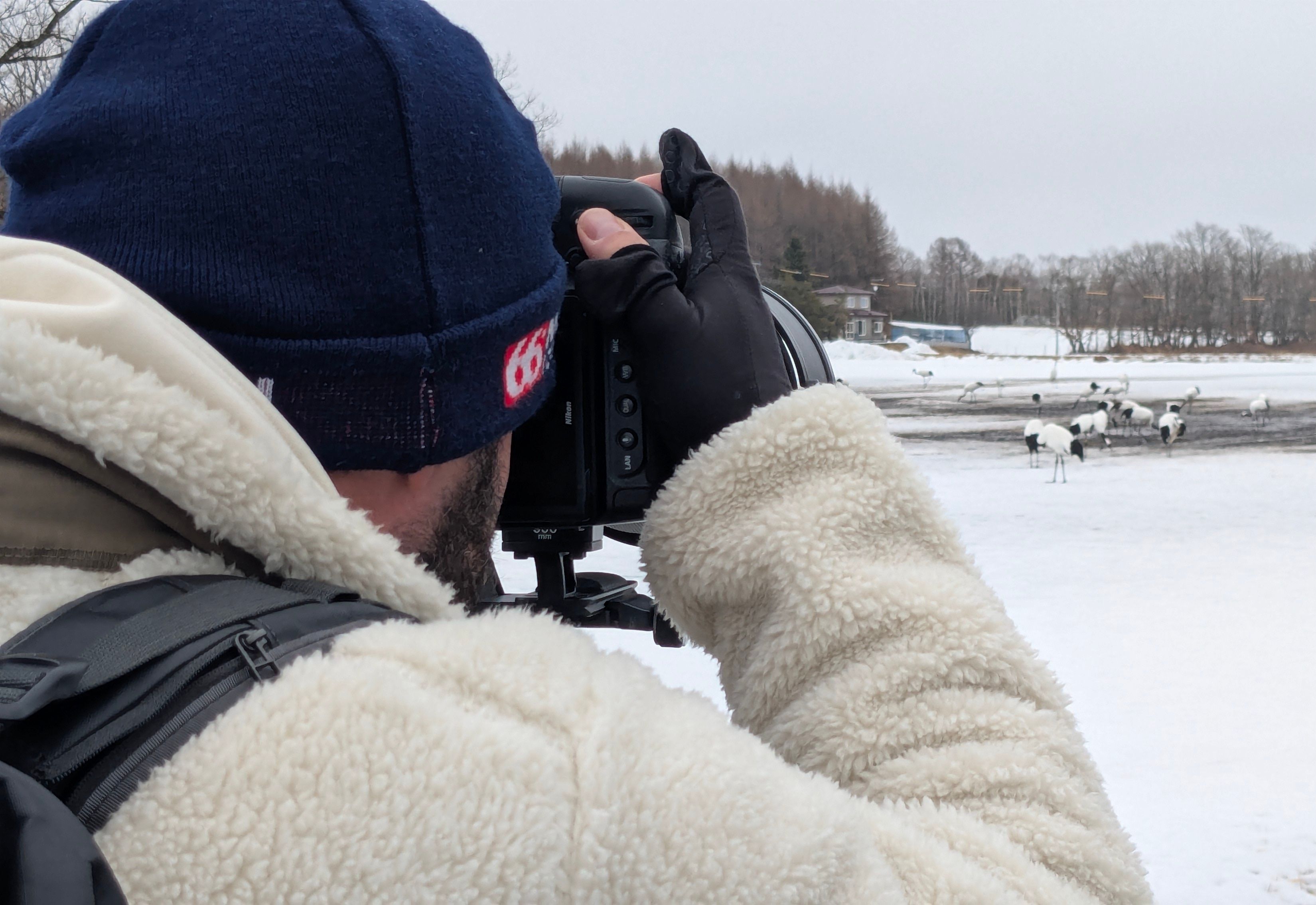 A photograph of a man holding a camera. His lens is pointed towards a flock of red-crowned cranes in the distance.