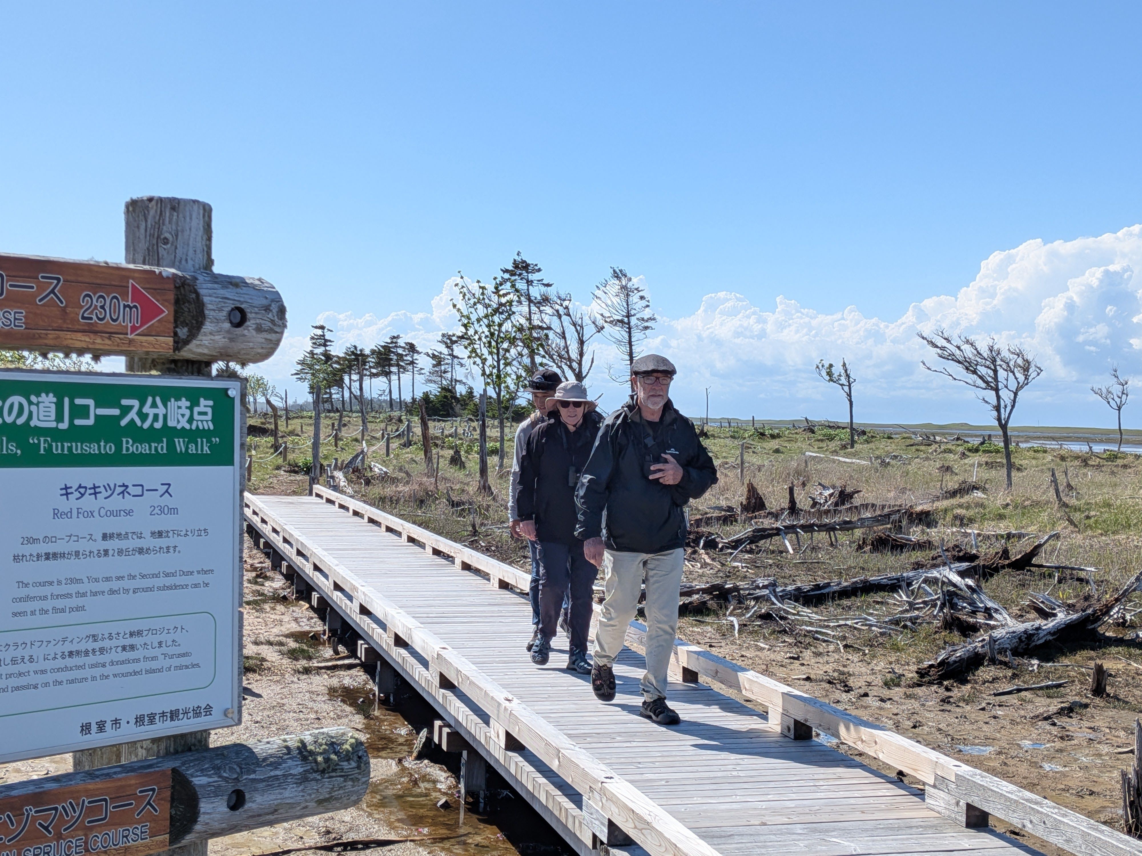 Three people walk on a boardwalk through Shunkunitai sand spit in eastern Hokkaido. It is a very sunny day.