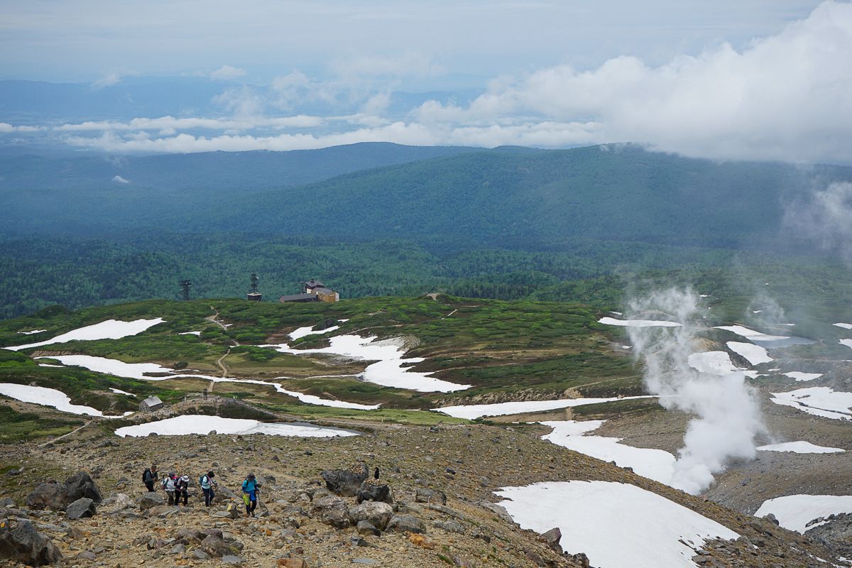 Hikers on the foot of Mt Asahidake
