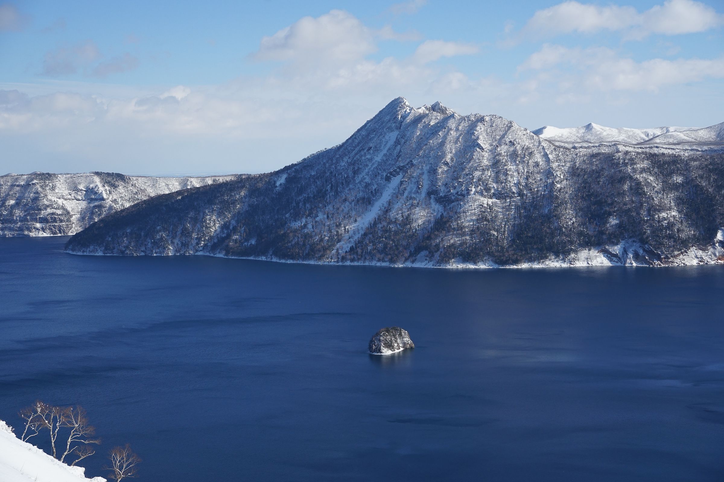 View of Mount Mashu and Lake Mashu in winter