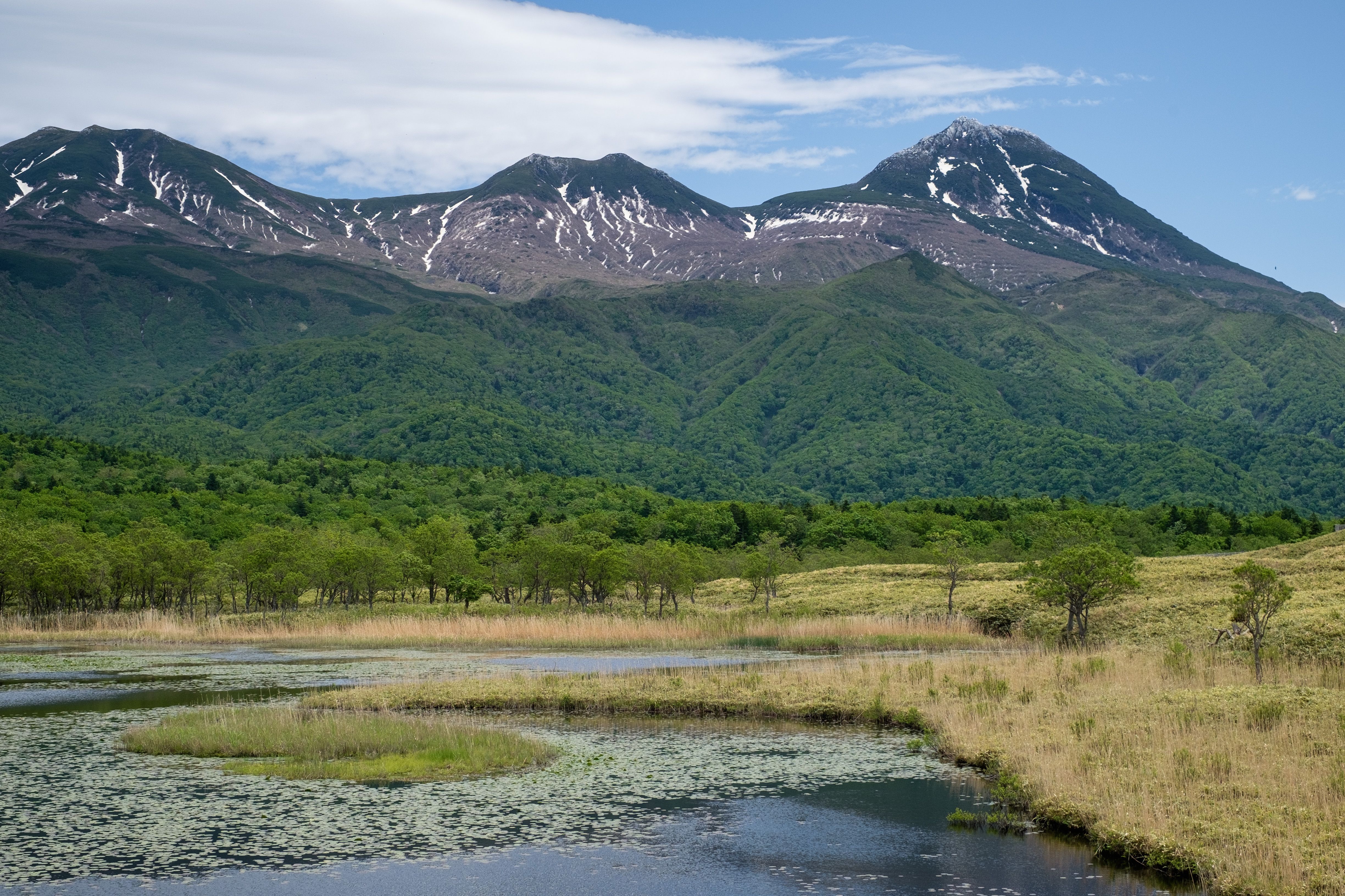 The mountains of Shiretoko in the background of the Shiretoko Five Lakes. There is some lingering snow at the summit.