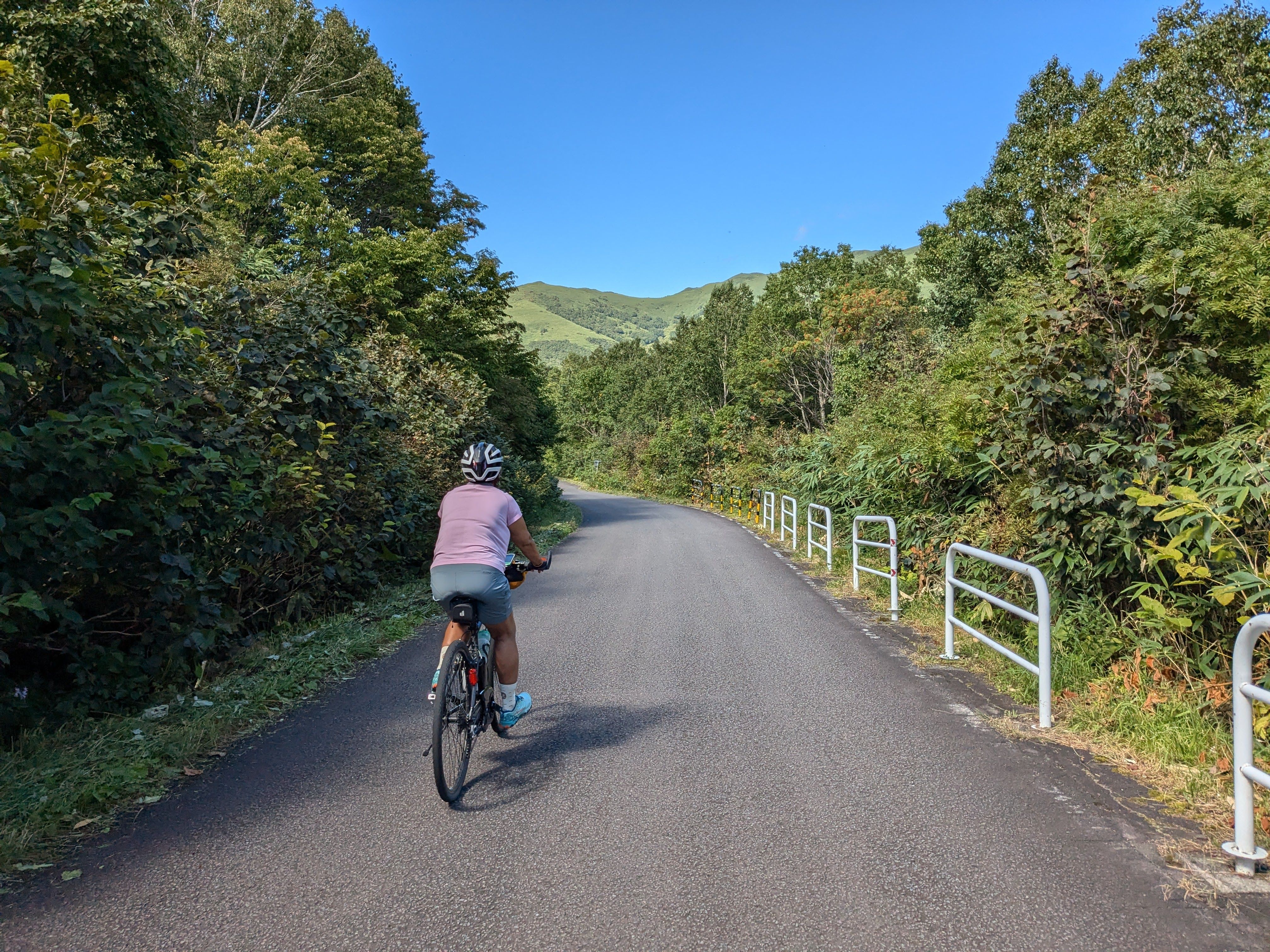 A cyclist rides downhill on a small road in southern Hokkaido. Green mountains are visible on the horizon.