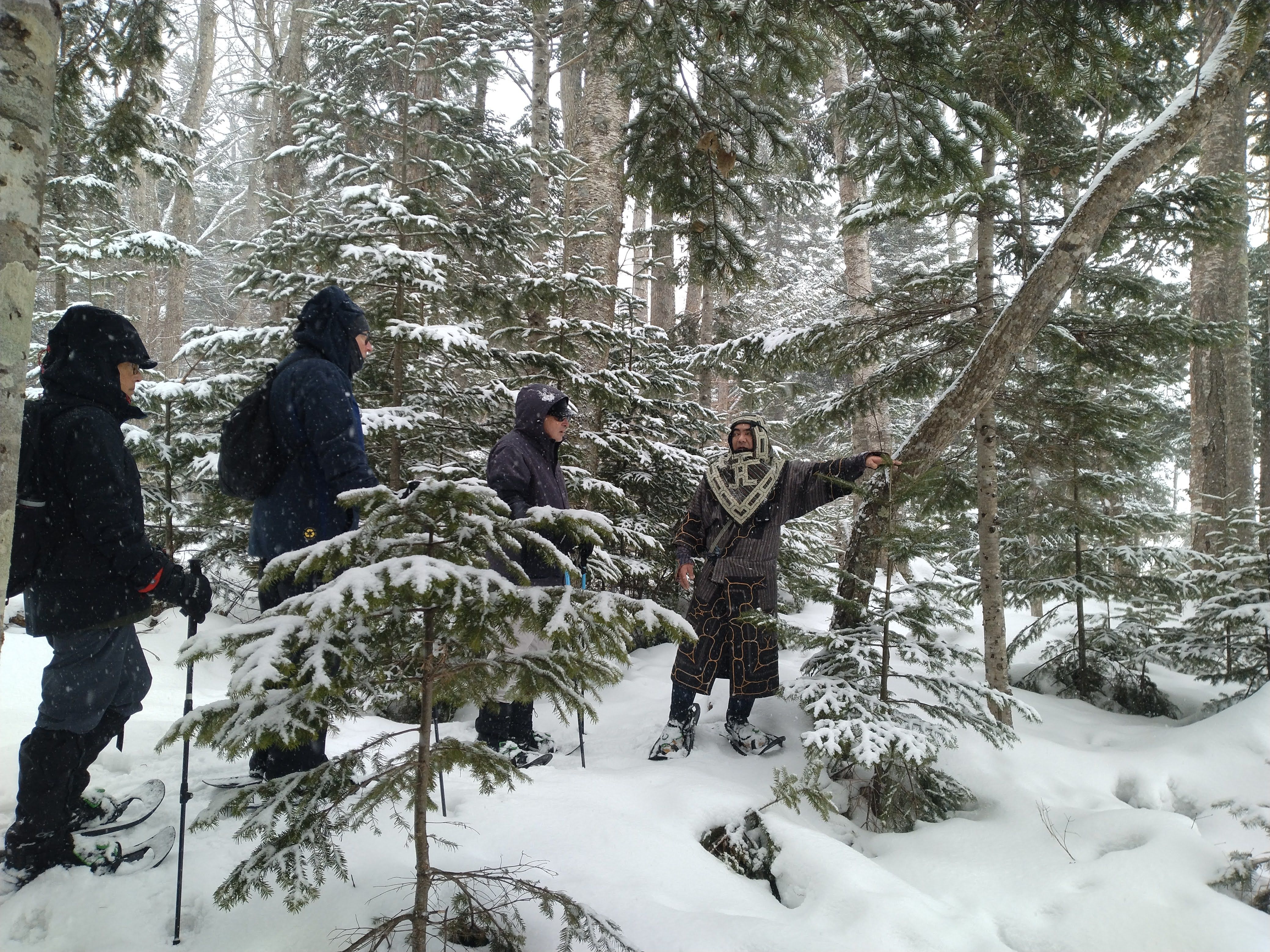 A group of people follow an Ainu man through a snowy evergreen forest. The Ainu man is wearing traditional Ainu winter garb.