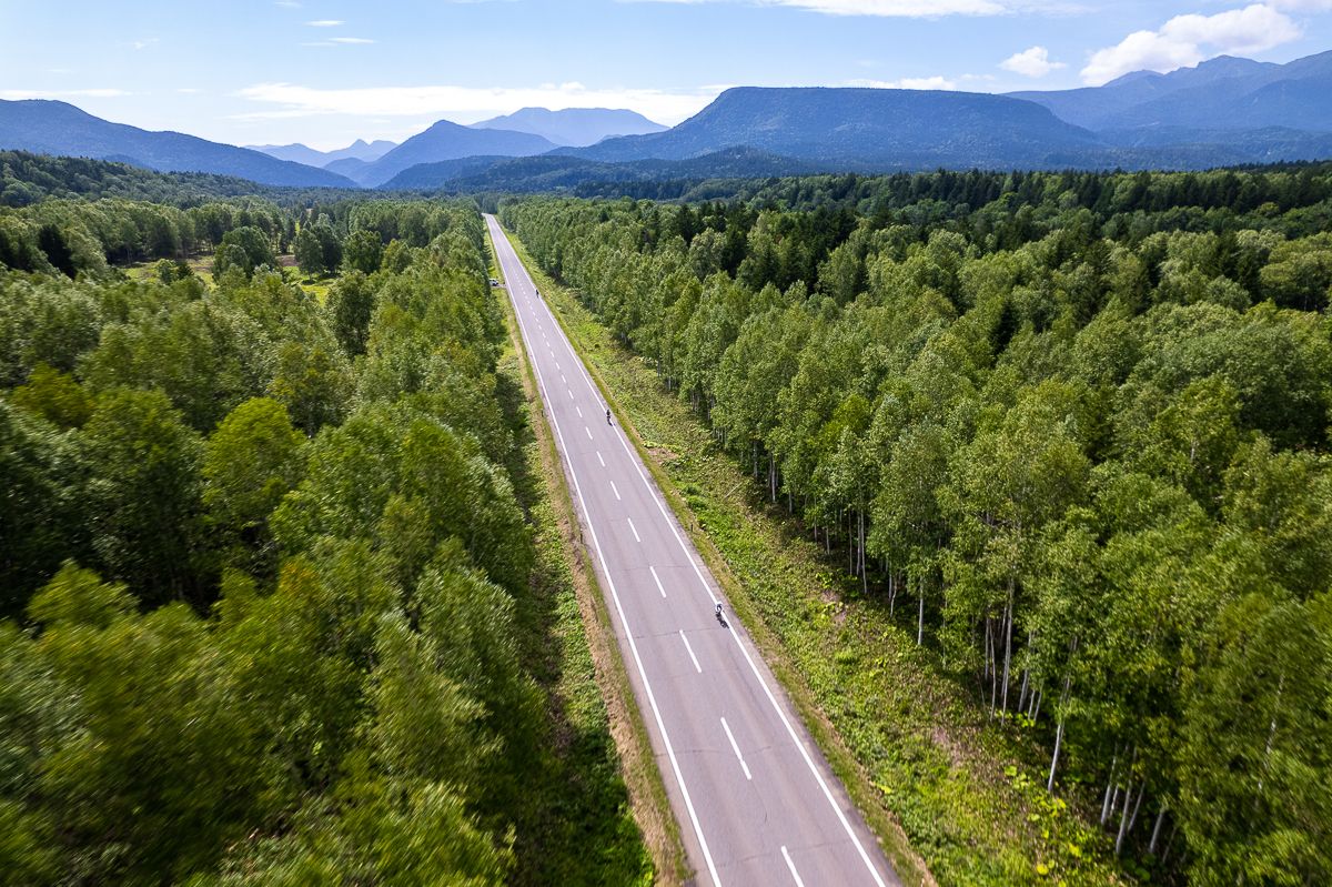 A drone shot of a section of Mikuni Pass. Three cyclists are flanked on either side by forest, and mountains in varying shades of indigo stand majestically in the background.