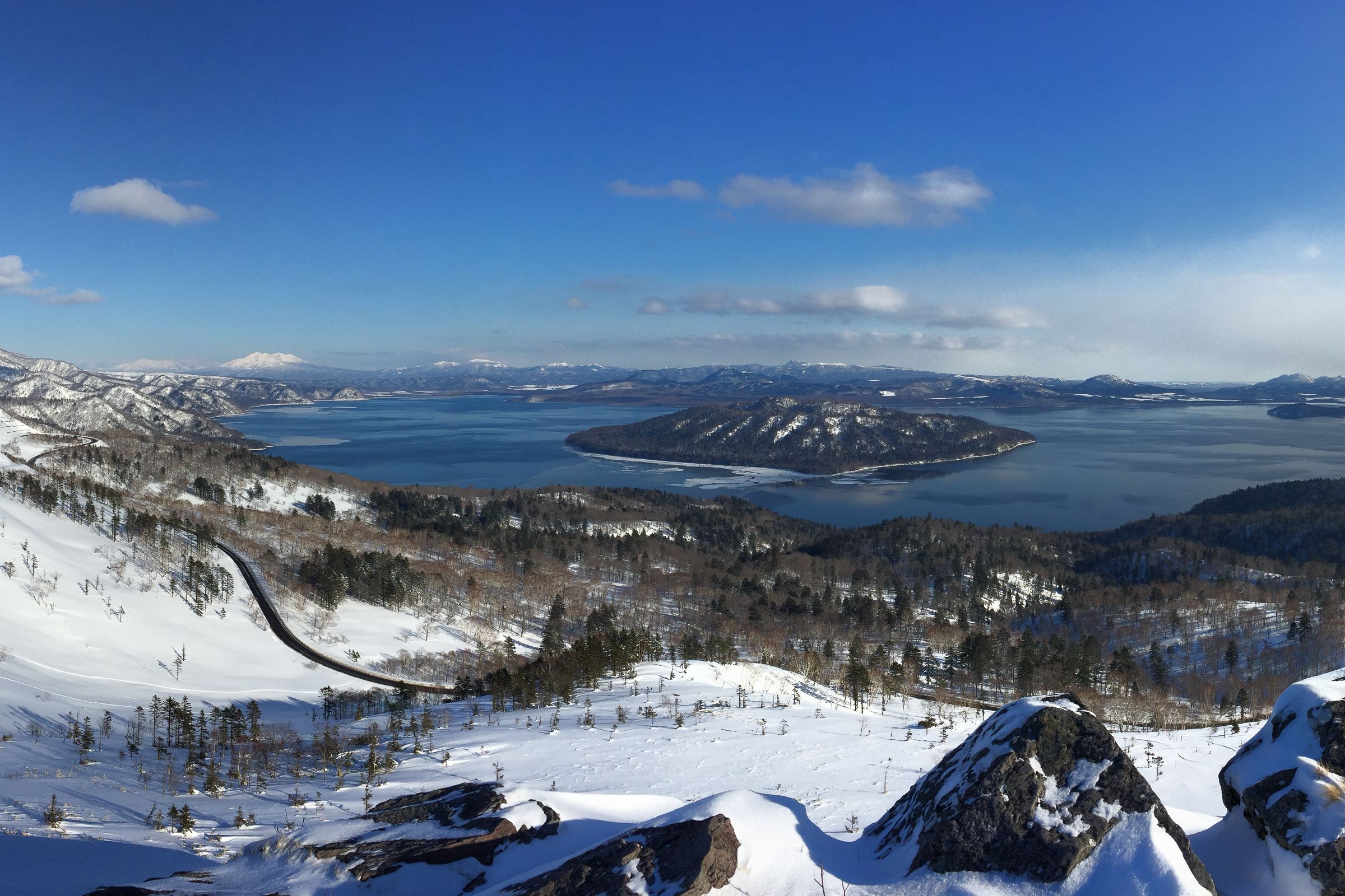 View of Lake Kussharo from Bihoro Pass in winter