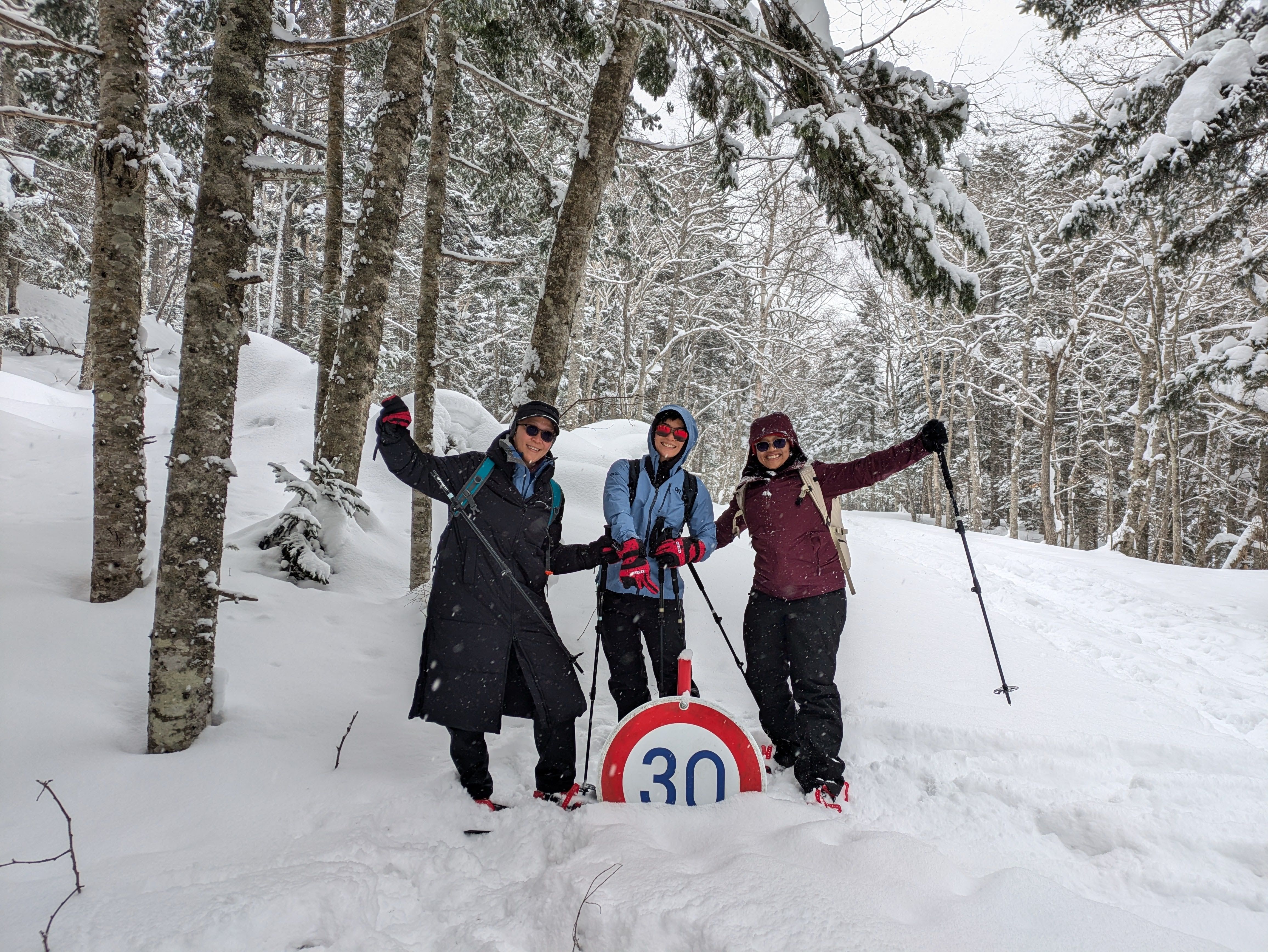 Three people wearing snowshoes stand next to a "30 kmph" speed limit sign. The sign is buried right up to the numbers and the three people are standing on the snow above it.