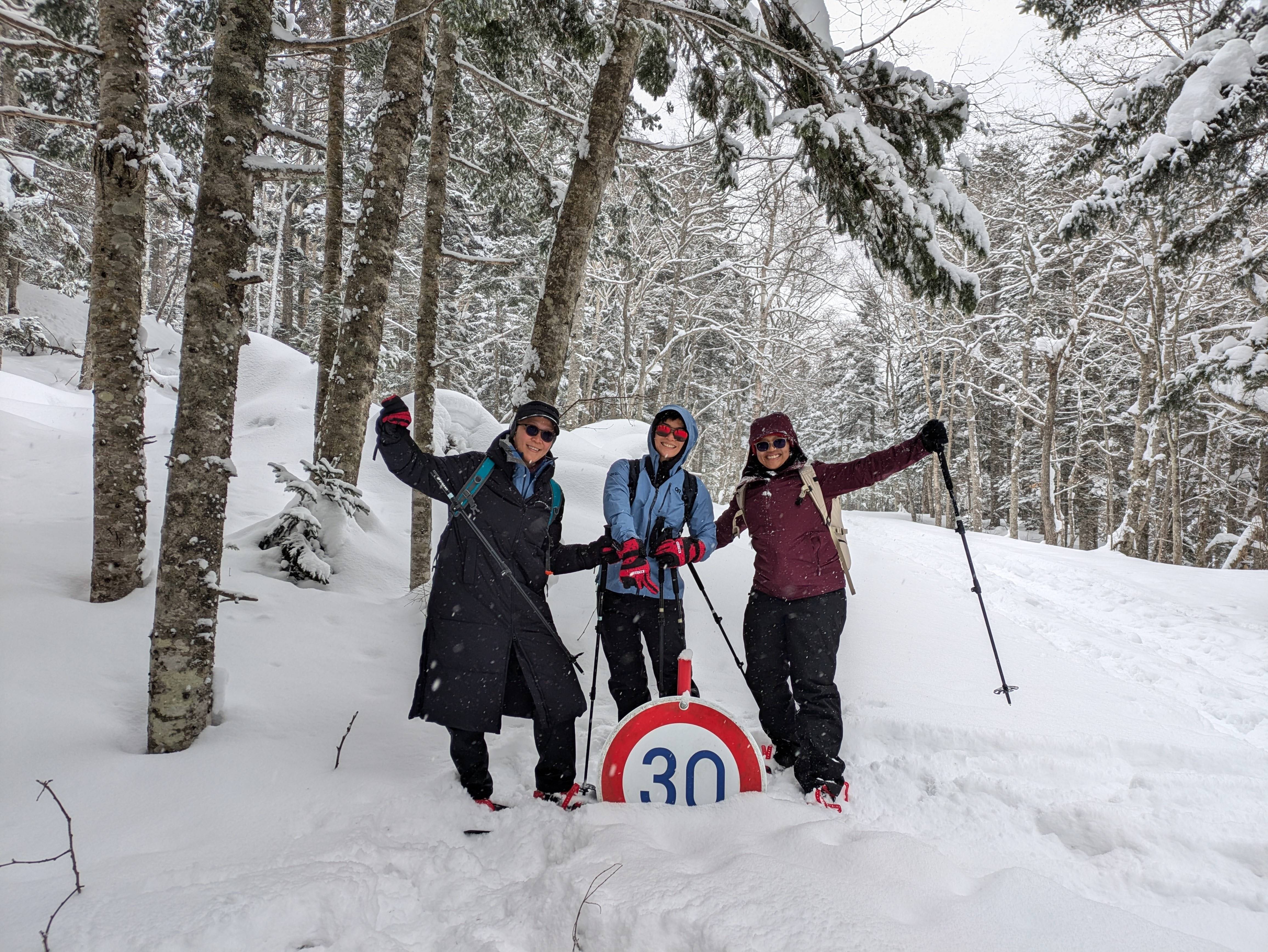 Three people wearing snowshoes stand next to a "30 kmph" speed limit sign. The sign is buried right up to the numbers and the three people are standing on the snow above it.