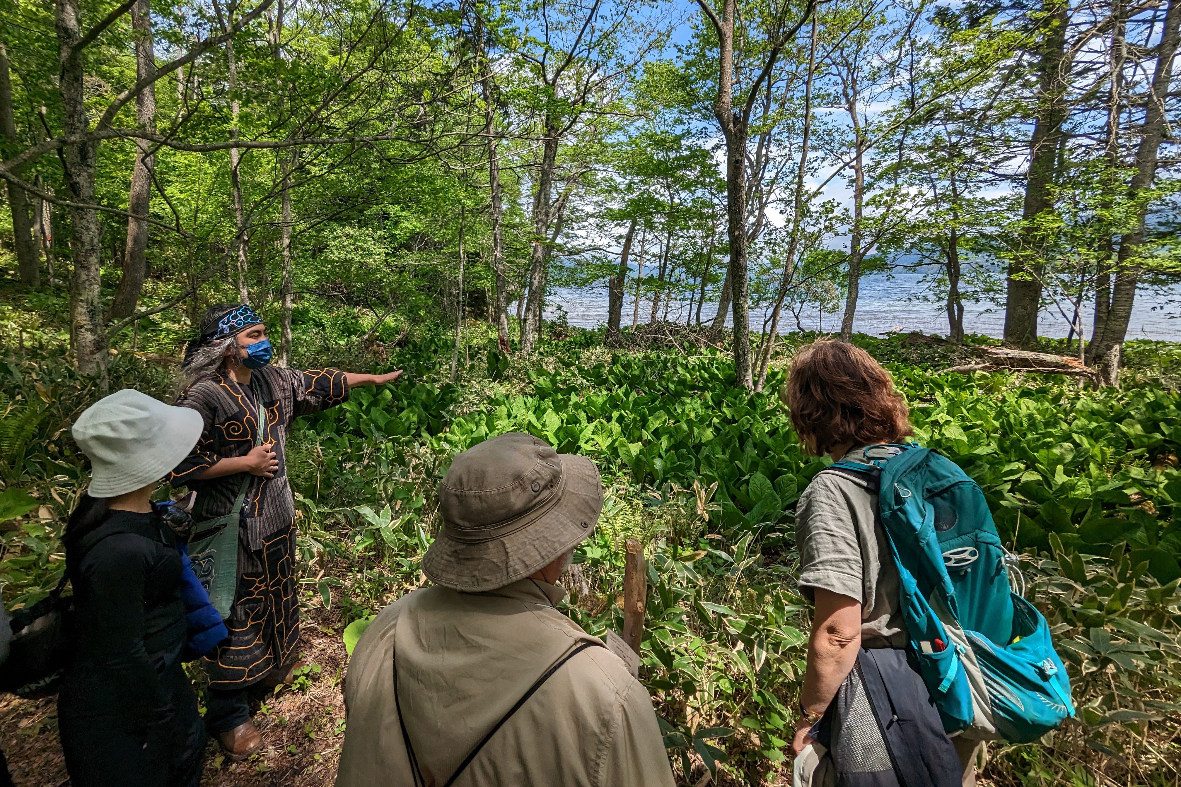An Ainu guide in traditional dress explains local plant life to a group of tourists
