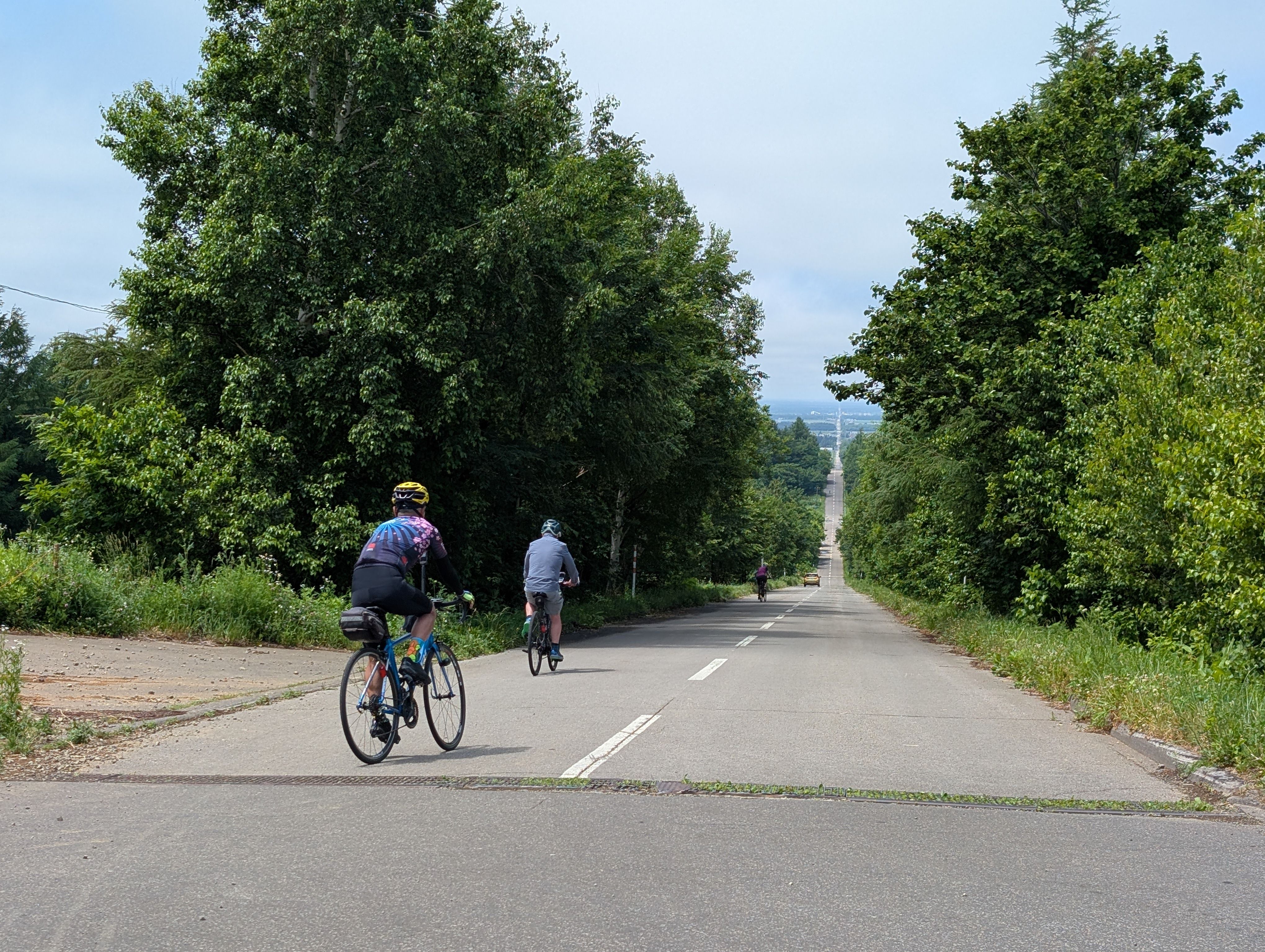 Cyclists descend on a road in eastern Hokkaido.