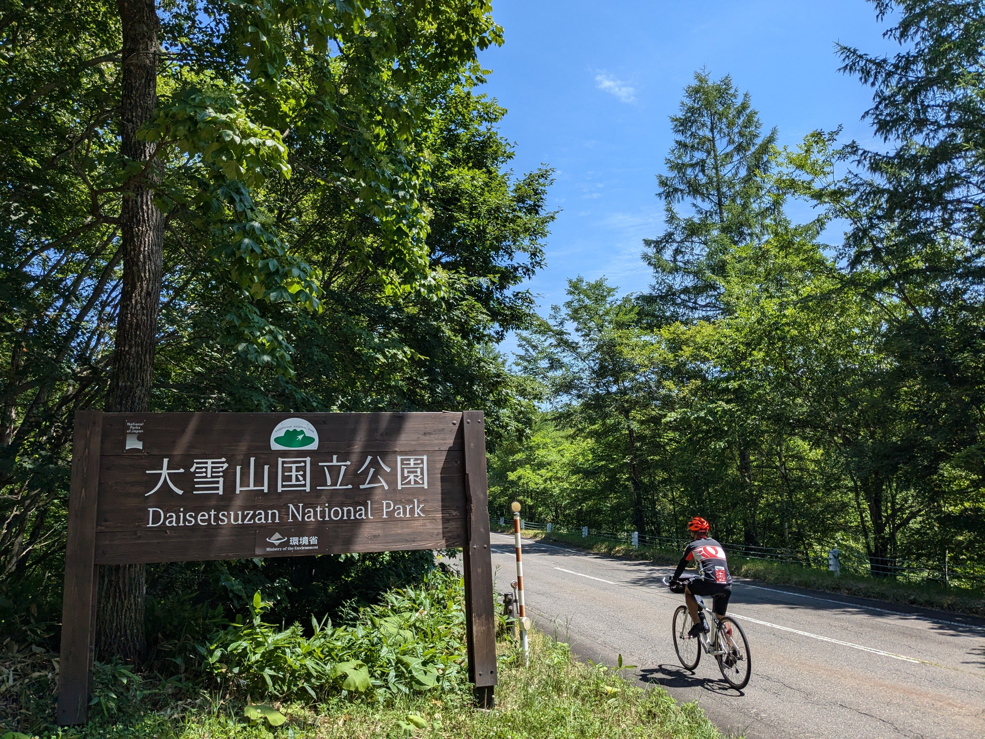 A cyclist rides past a wooden sign that reads "Daisetsuzan National Park". It is a beautiful sunny day and the forest is leafy.