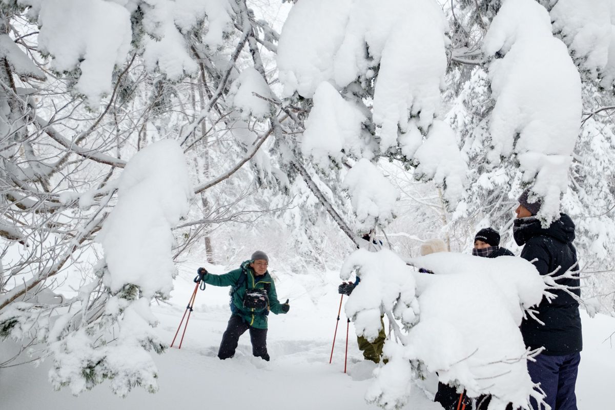 Guide Tobaji in knee deep snow at Asahidake Onsen