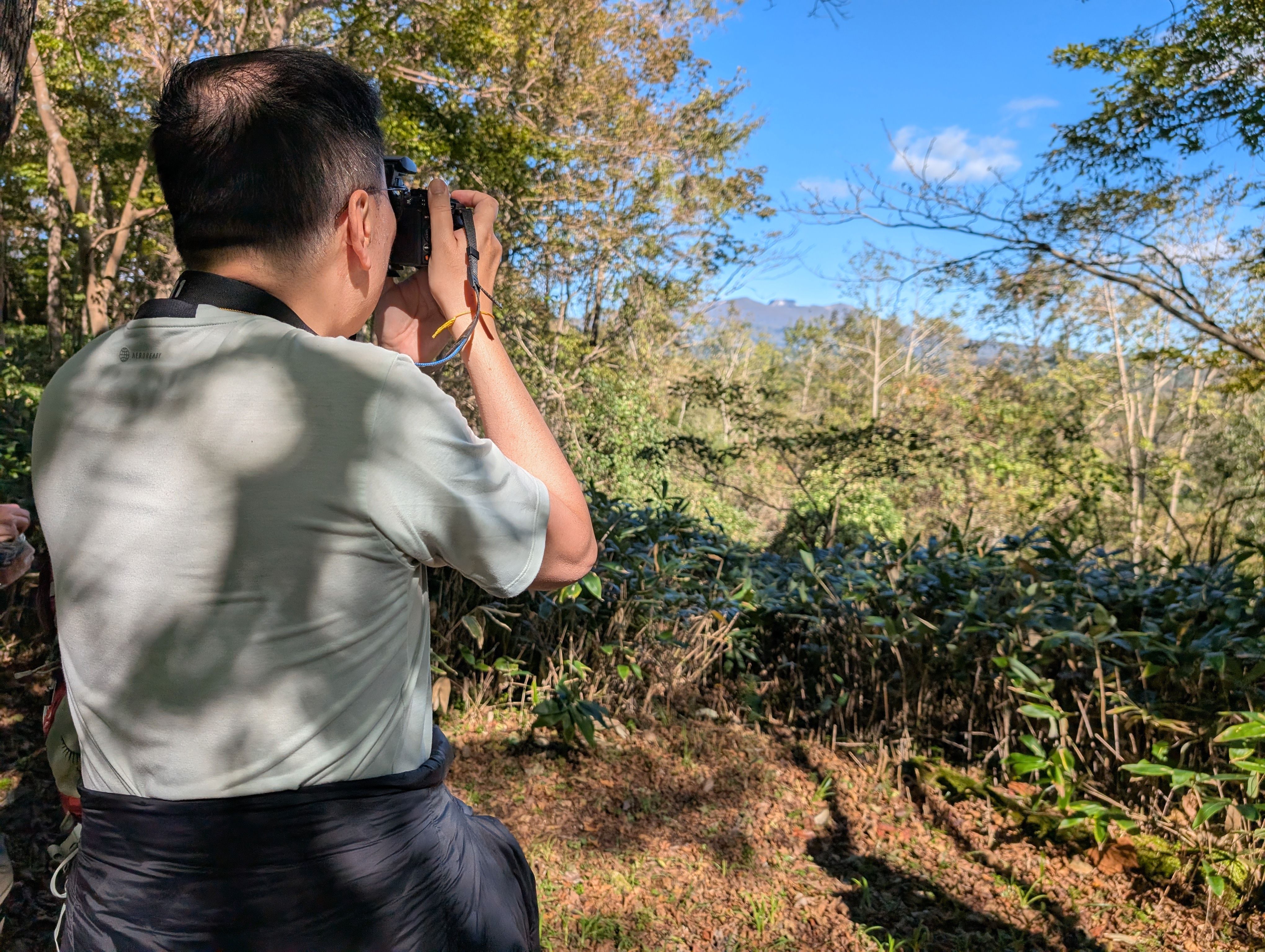 A man takes a photograph of Mt. Tarumae in the distance from the top of Poroto Forest Nature Trail in Hokkaido. It is a sunny day and the mountain is clearly visible between the trees, which are starting to turn to their autumn colours.
