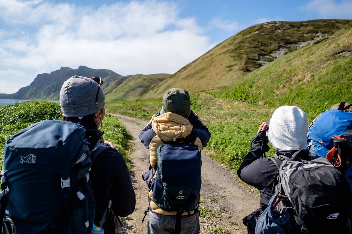 A group of birdwatchers watch Siberian Rubythroat on Rebun island