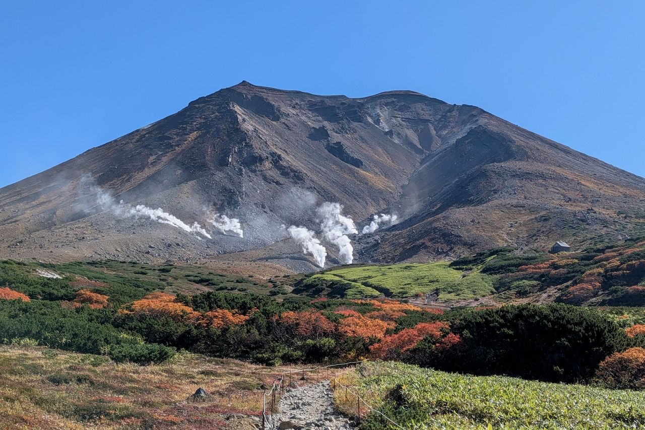 A scenic view from the Sugatami walking trail at the foot of Mt. Asahidake. A rocky path winds through vibrant green and autumn-orange alpine bushes. In the background, the majestic volcanic peak rises against a clear blue sky, with steam billowing from active fumaroles.