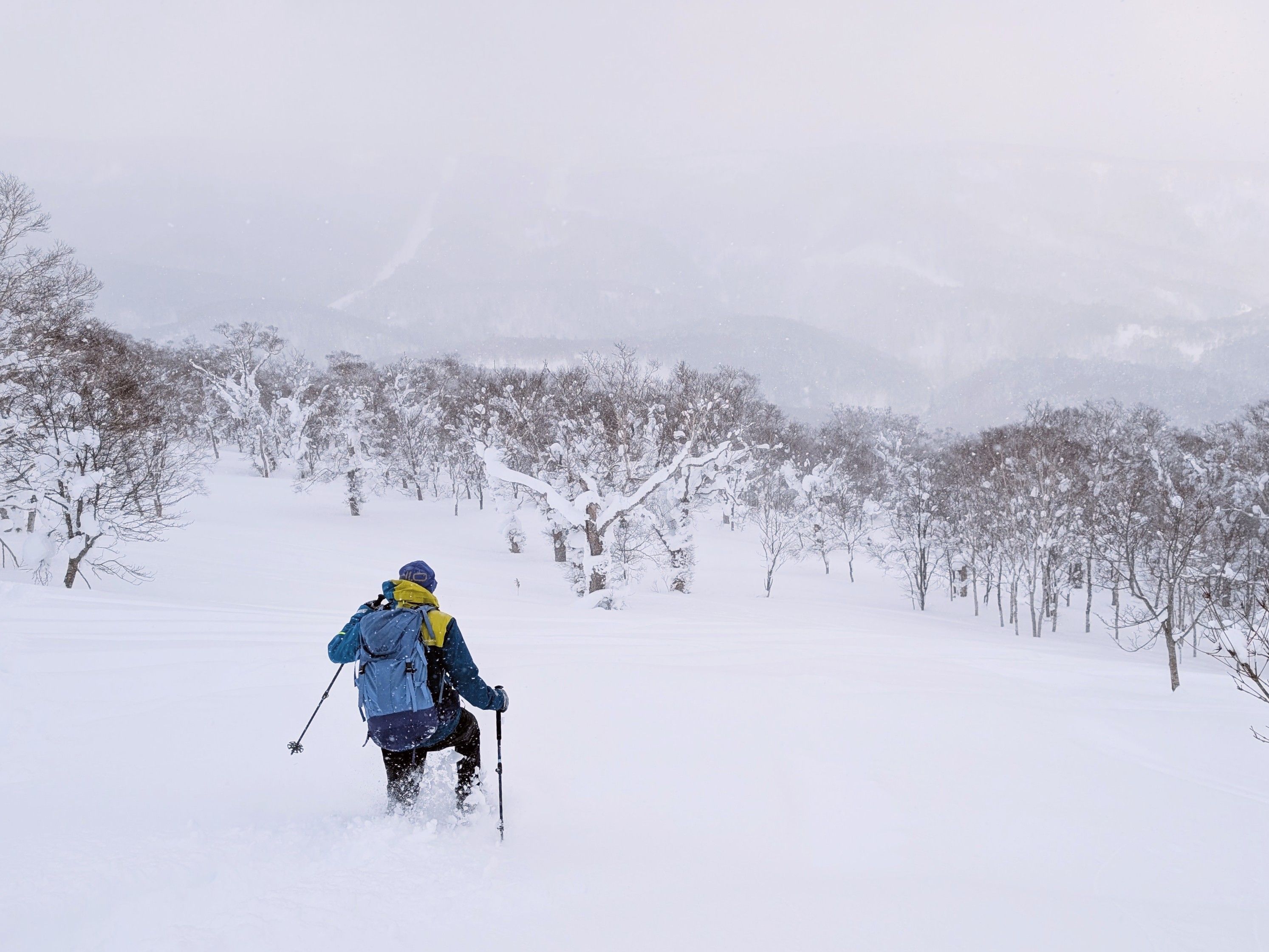 A single snow hiker descends through powder on Mt. Kokimobetsu. A weather front is rolling in and snowfall is visible on the far side of the valley.